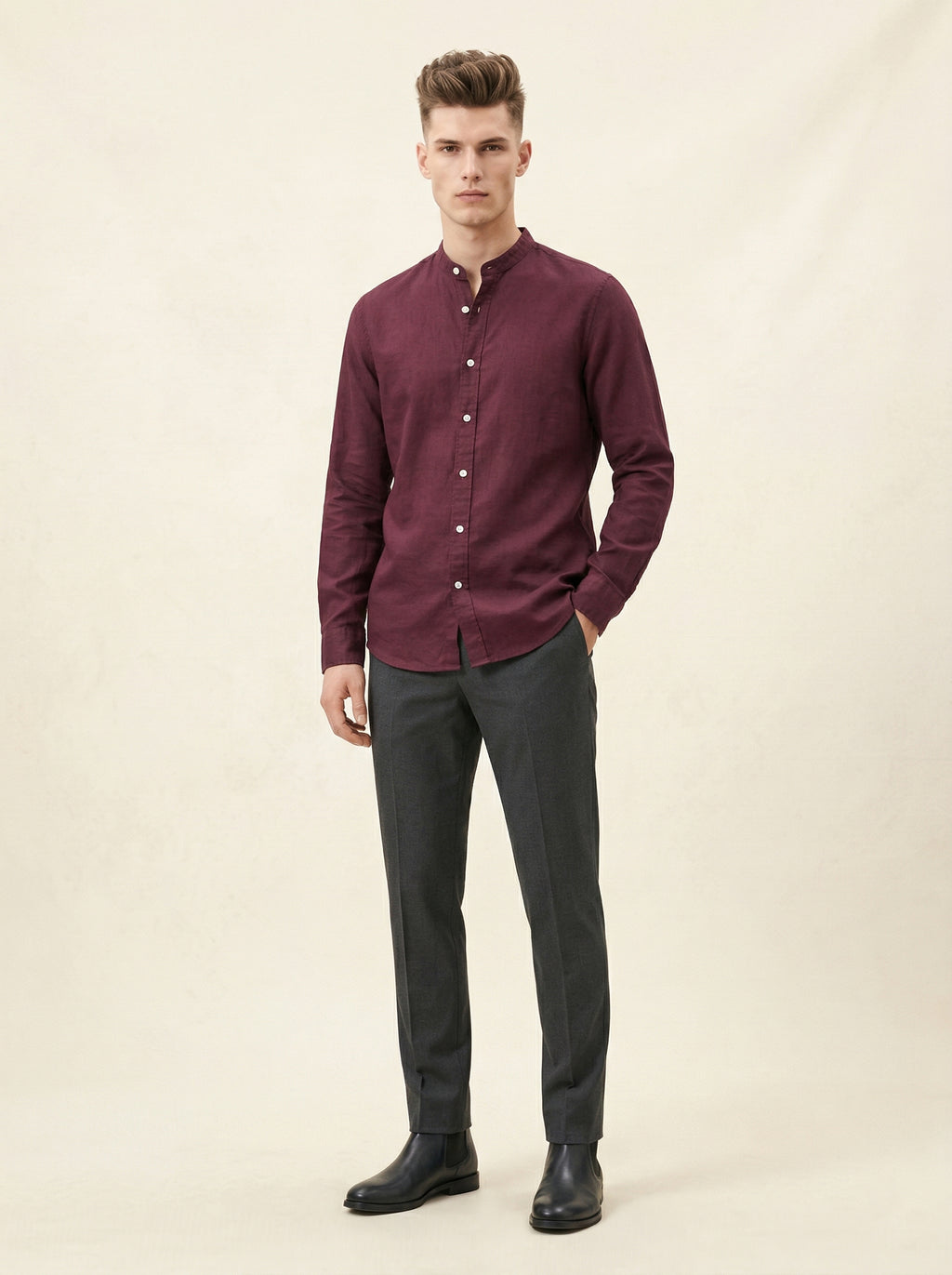 Linen Mandarin collar shirt by Snipes featuring a lightweight, breathable fabric and a stylish collar design.