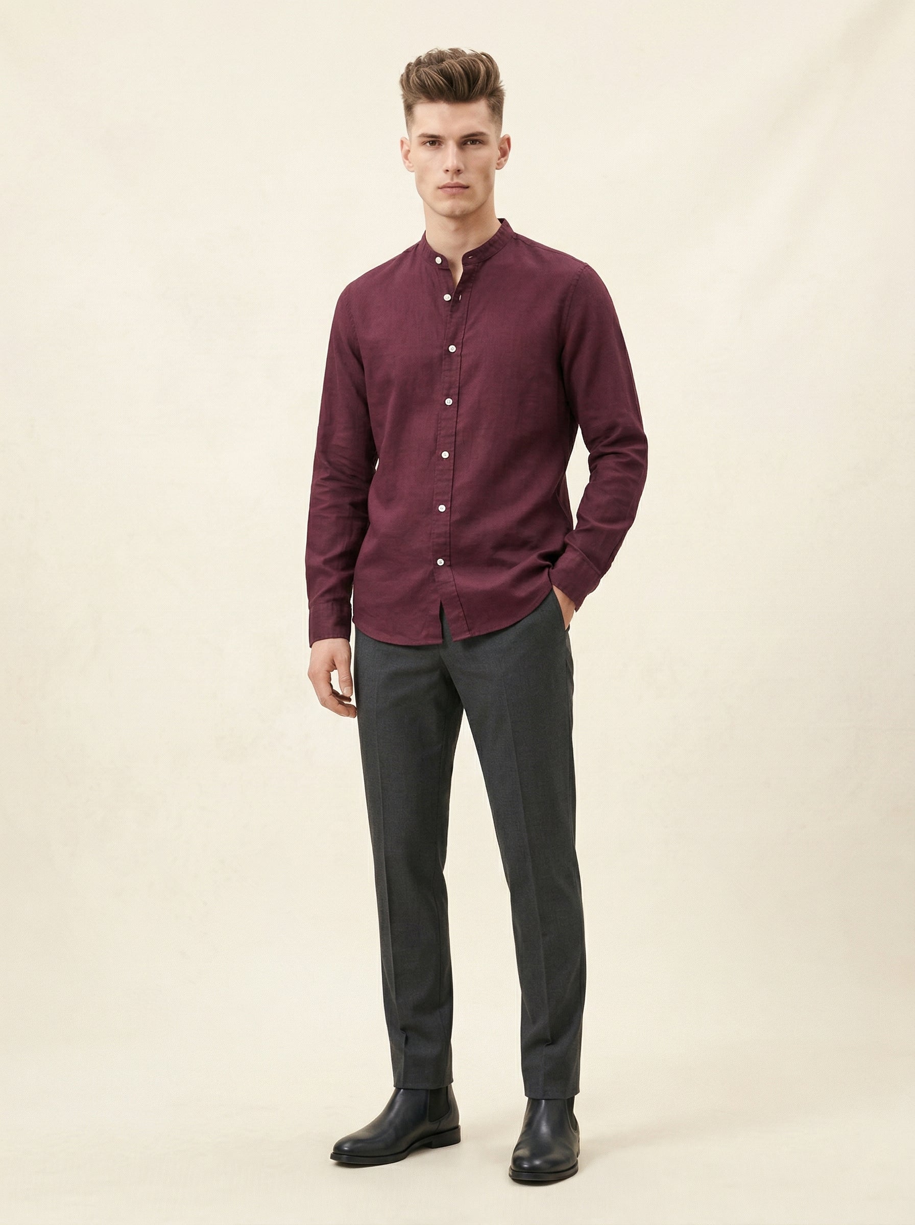 Linen Mandarin collar shirt by Snipes featuring a lightweight, breathable fabric and a stylish collar design.