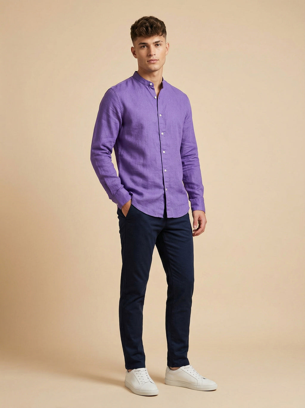 Light beige linen Mandarin collar shirt by Snipes featuring a relaxed fit and button-front design.