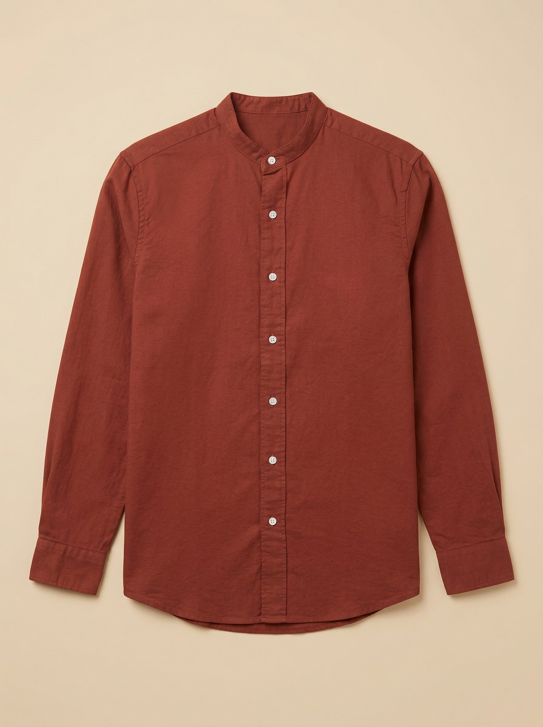 Light beige linen Mandarin collar shirt from Snipes with long sleeves and a relaxed fit, displayed on a hanger.