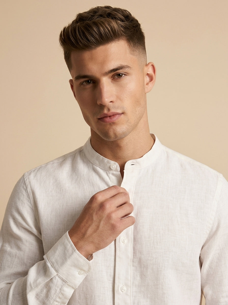 Linen Mandarin collar shirt by Snipes, featuring a lightweight fabric and classic design, shown in a neutral color.