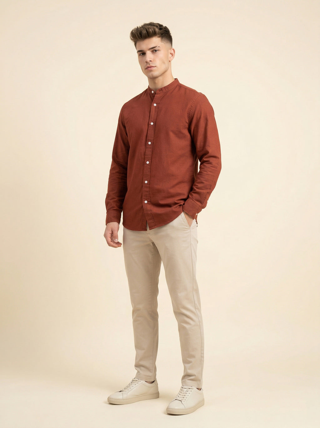 Linen Mandarin collar shirt by Snipes featuring a lightweight fabric and stylish design, displayed on a hanger.