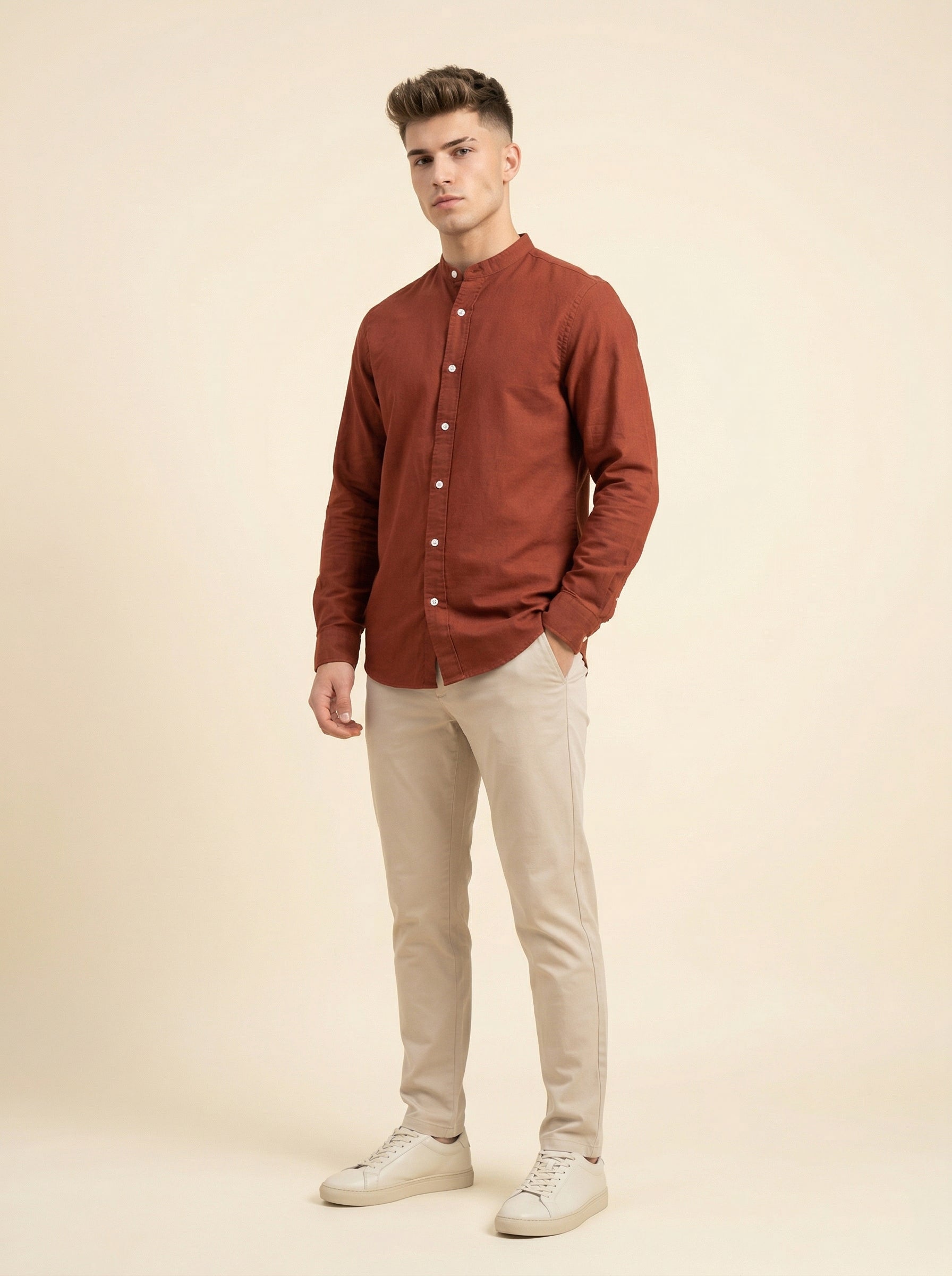 Linen Mandarin collar shirt by Snipes featuring a lightweight fabric and stylish design, displayed on a hanger.