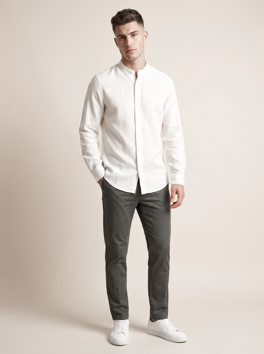 Linen Mandarin collar shirt by Snipes, showcasing a lightweight, breathable fabric with a stylish collar design and button closure.