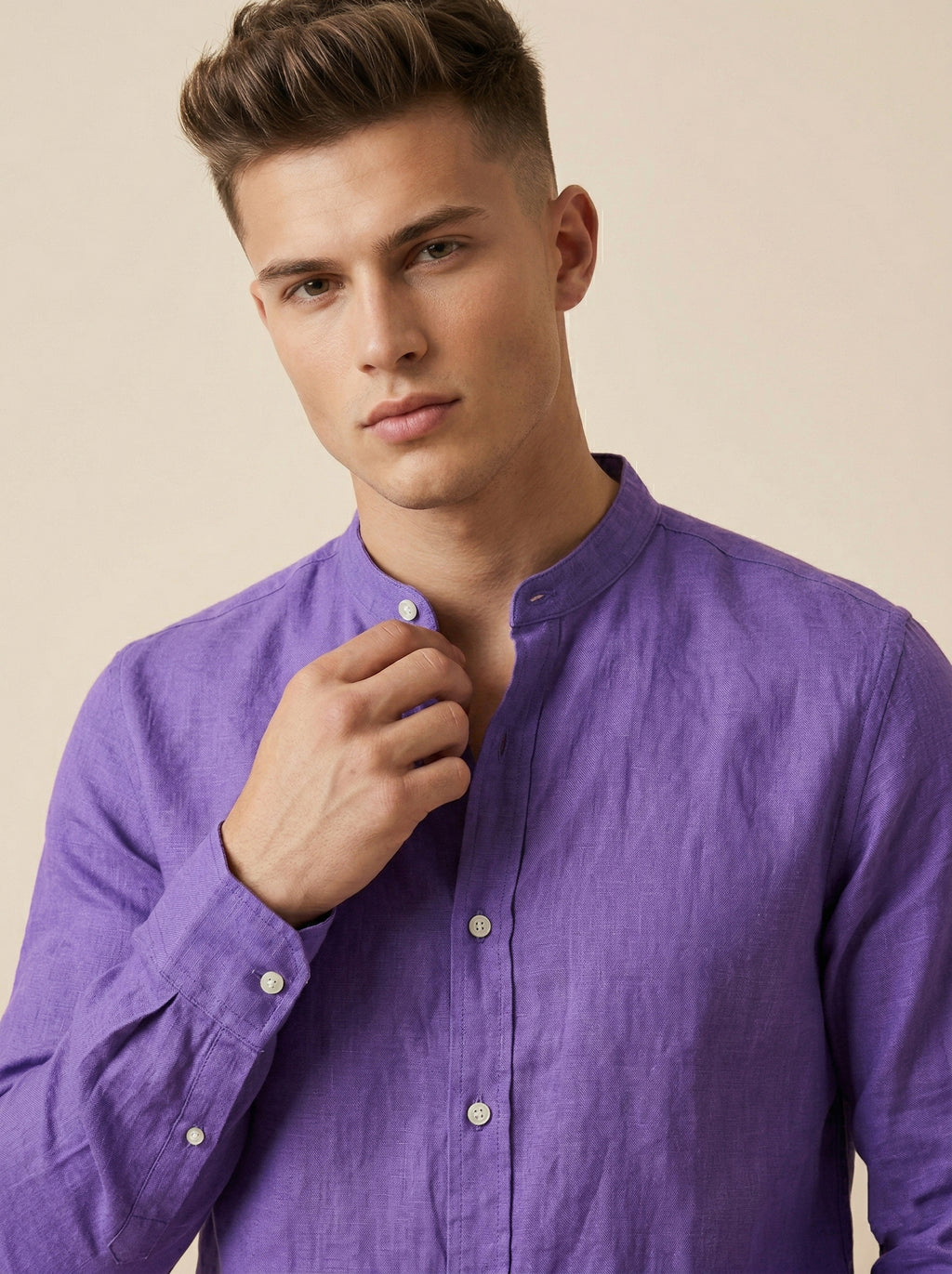 Linen Mandarin collar shirt by Snipes featuring a lightweight, breathable design with a button-up front and classic fit.