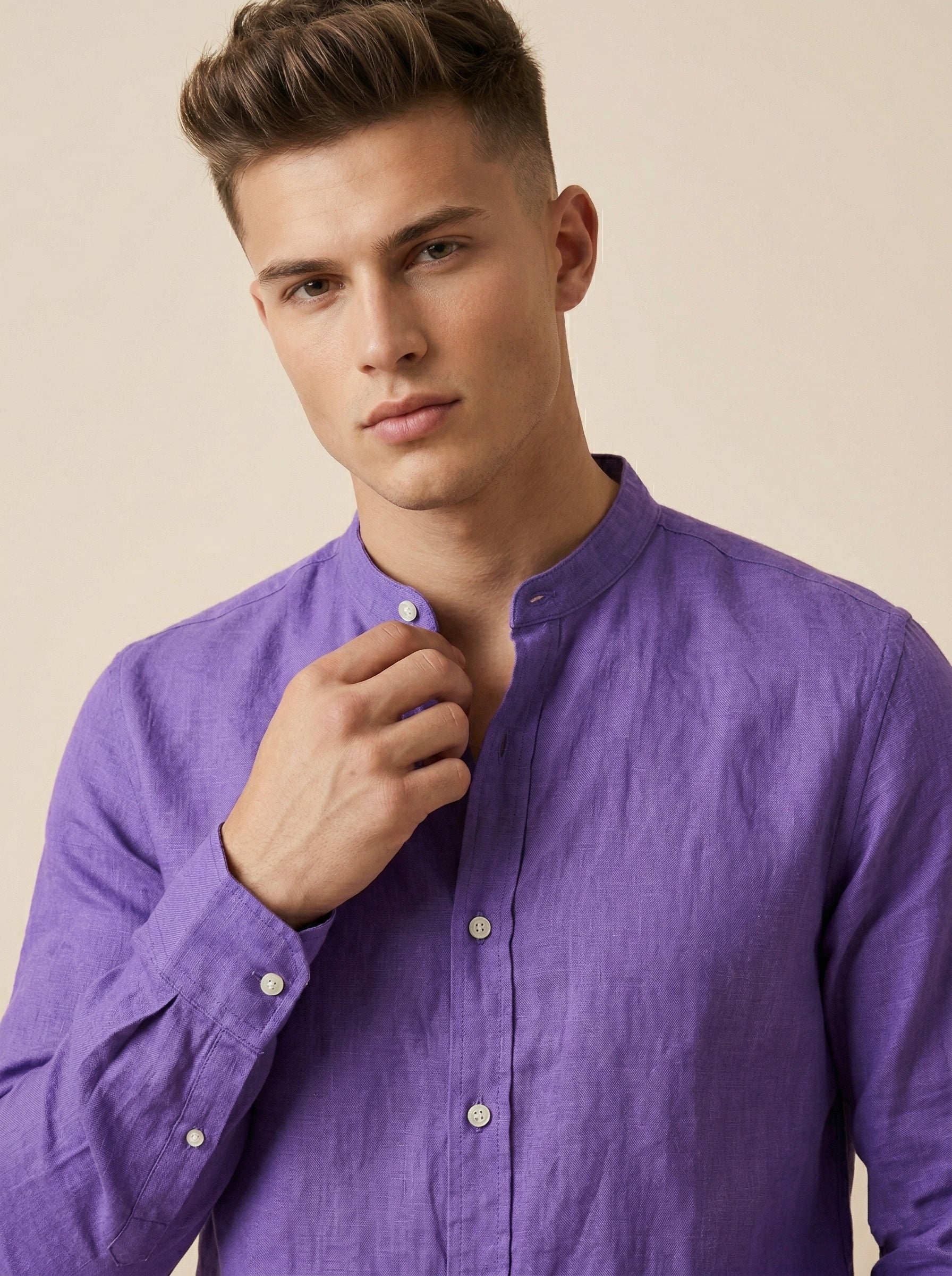 Linen Mandarin collar shirt by Snipes featuring a lightweight, breathable design with a button-up front and classic fit.