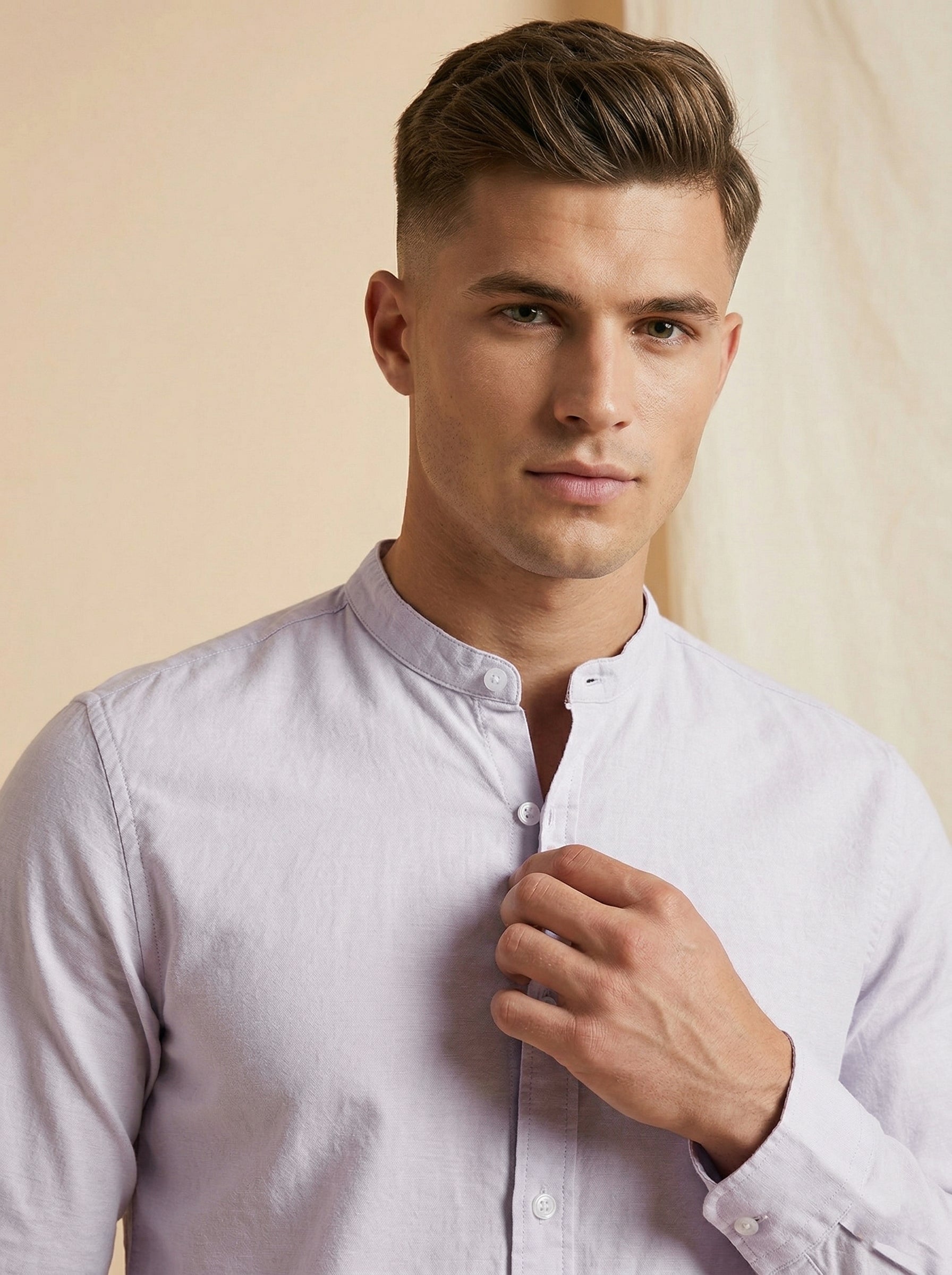 Linen Mandarin collar shirt by Snipes featuring a lightweight fabric and stylish design, shown in a close-up view.