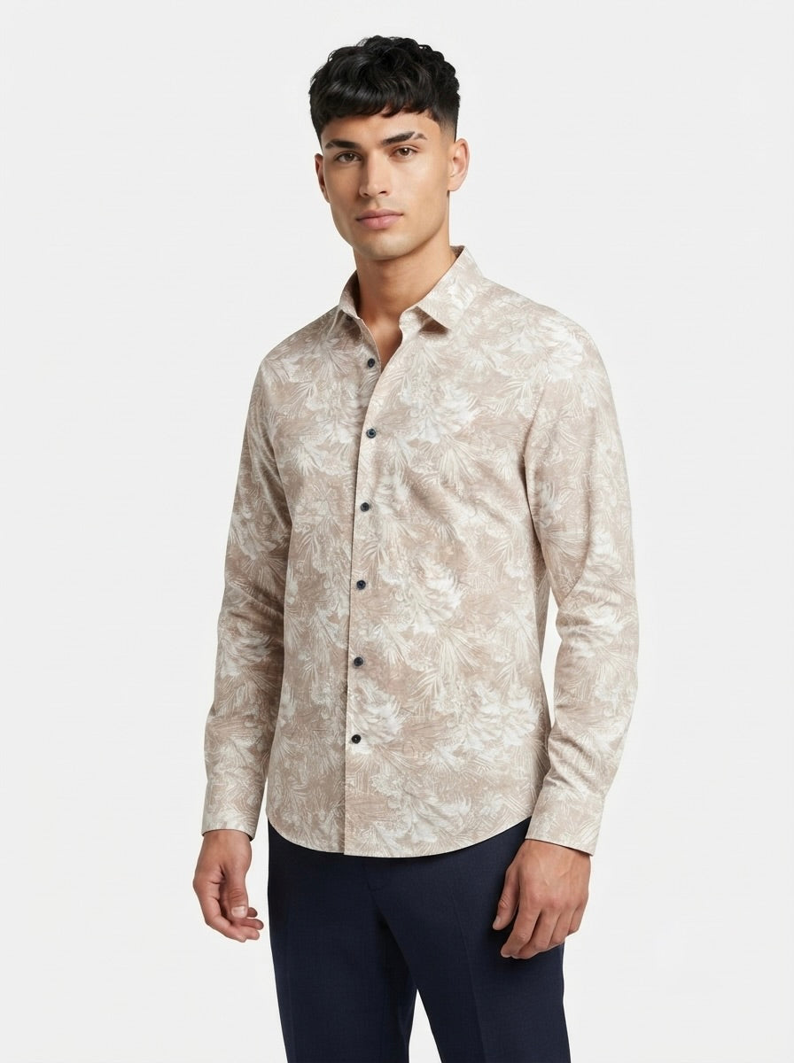 Men’s Snipes botanical print full sleeve shirt with vibrant floral pattern and button-up design, displayed on a hanger.
