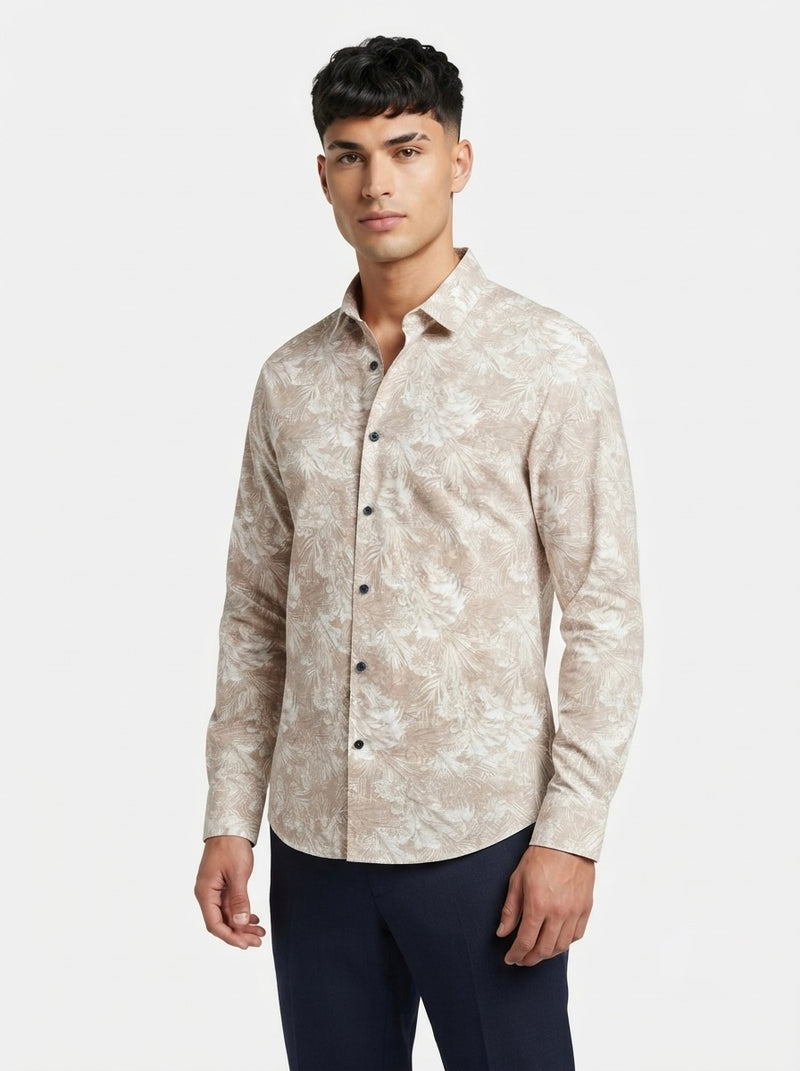 Men’s Snipes botanical print full sleeve shirt with vibrant floral pattern and button-up design, displayed on a hanger.