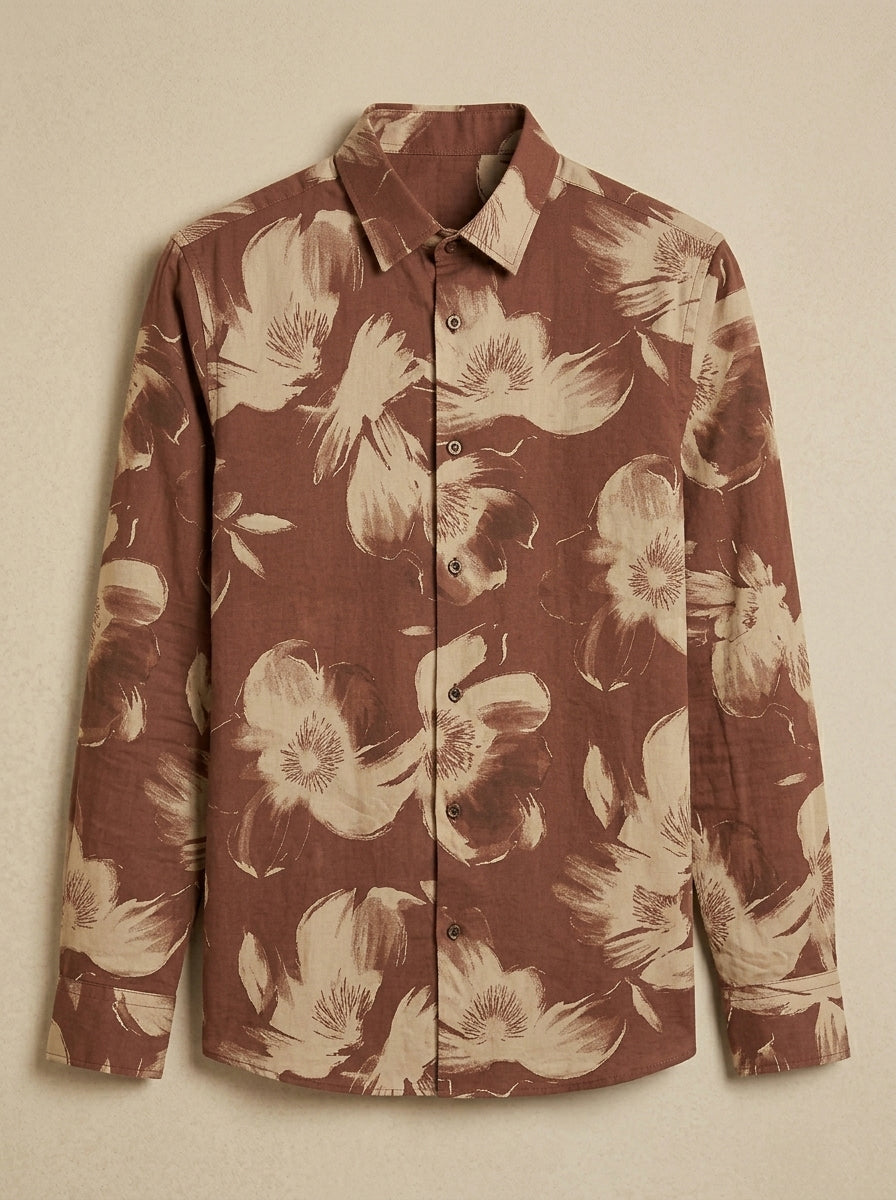 Snipes printed shirt with colorful graphic design, long sleeves, and classic collar on a white background.