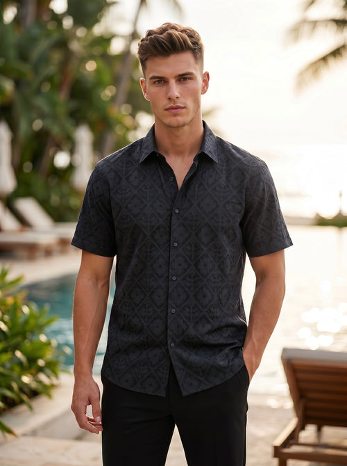Snipes diamond textured jacquard shirt displayed on a hanger, showcasing intricate pattern and fabric details.
