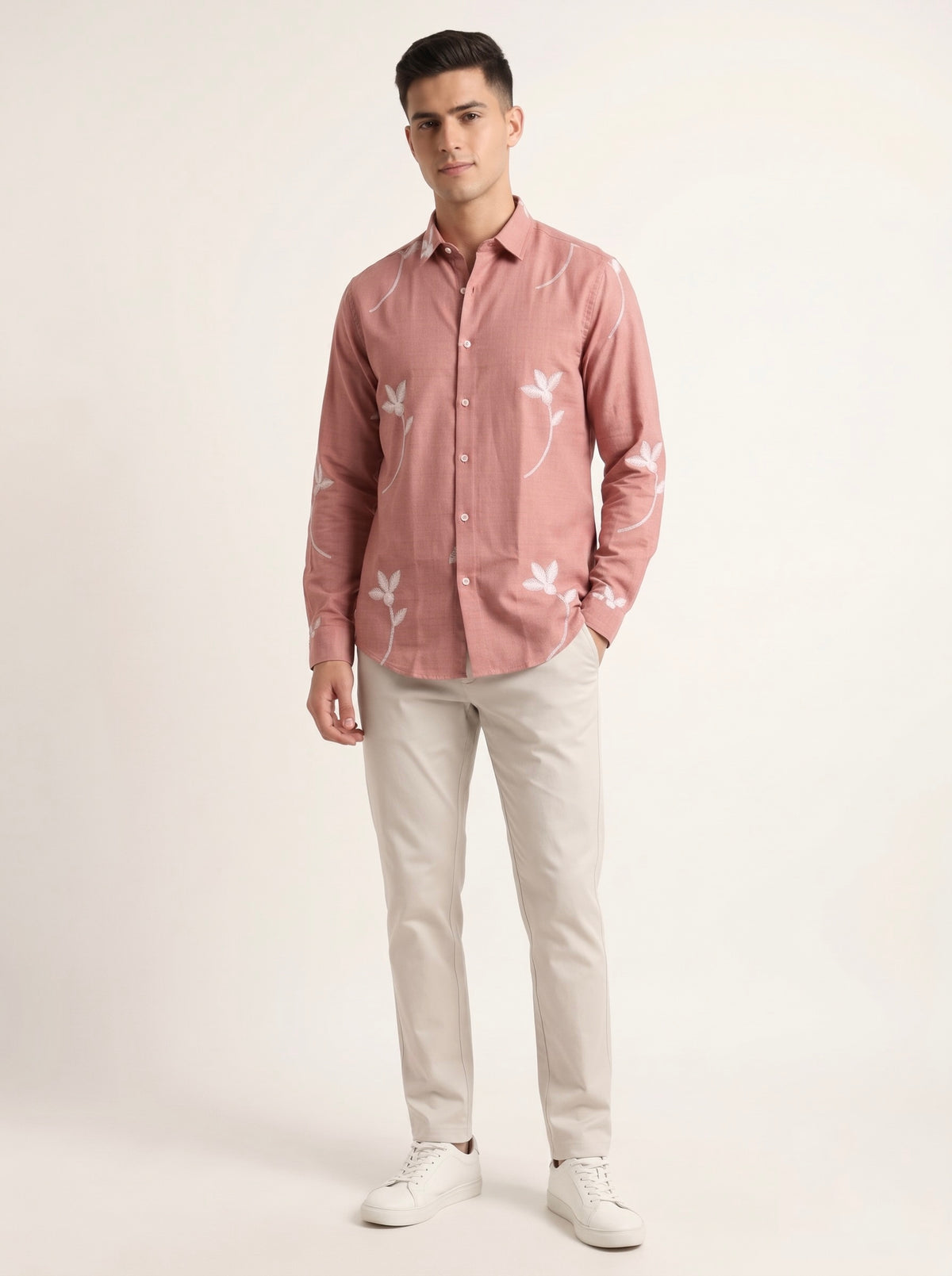 Men’s Korean Linen Floral Stem Embroidery Shirt
