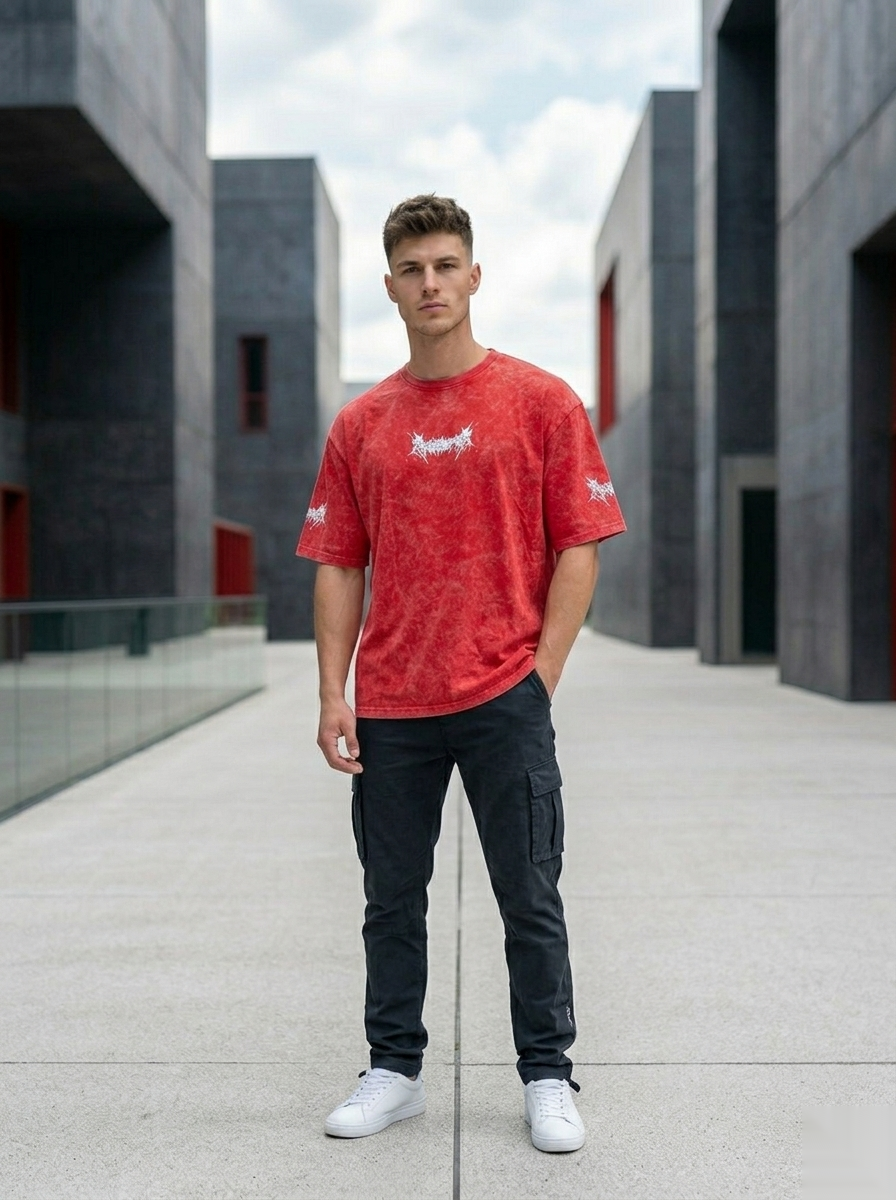 Oversized acid wash graphic T-shirt from Snipes with bold print, casual fit, and distressed denim background.