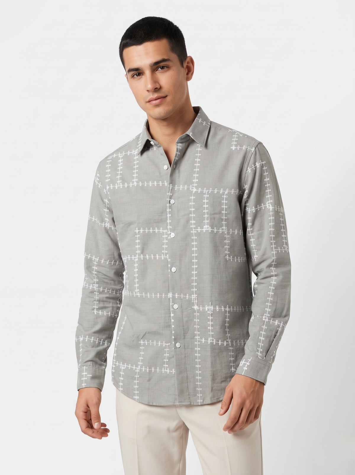 Men’s Korean Linen Grid Embroidery Shirt
