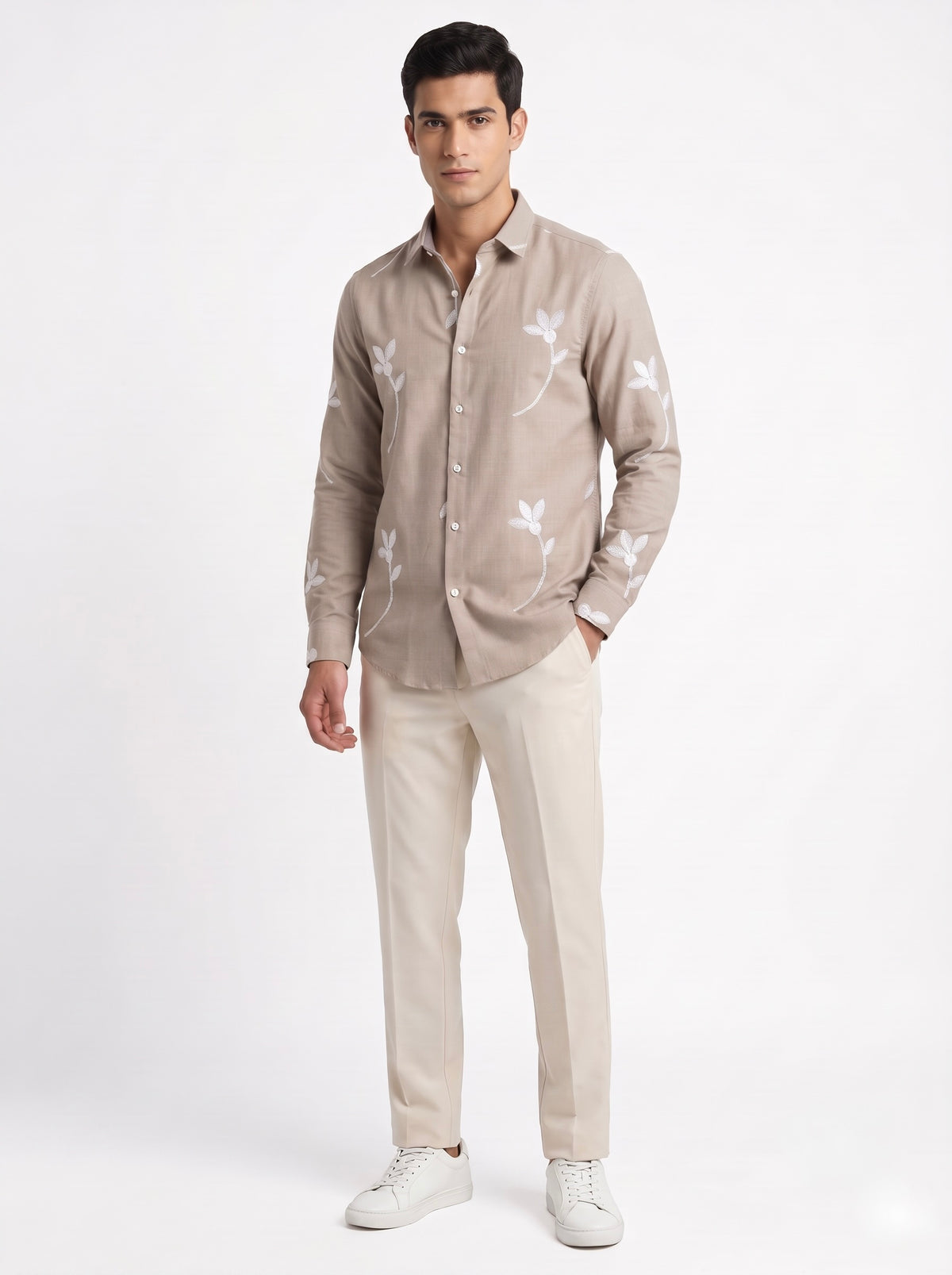 Men’s Korean Linen Floral Stem Embroidery Shirt