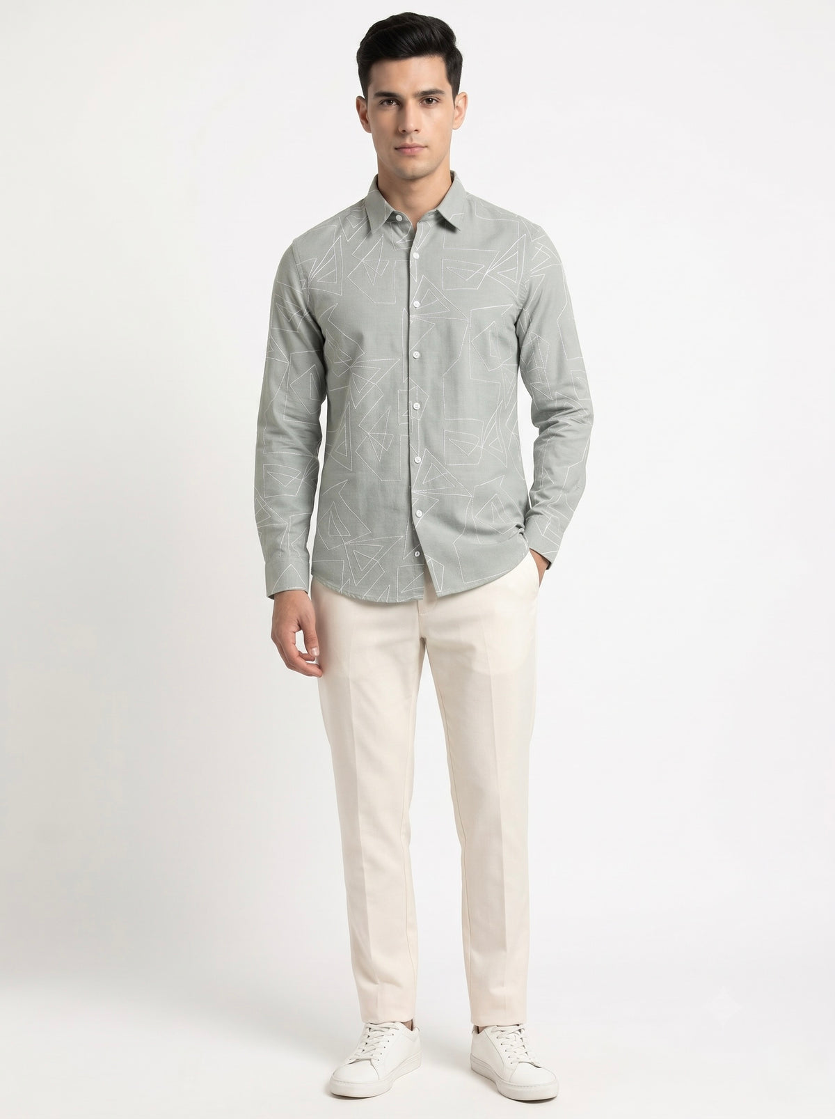 Men’s Korean Linen Geometric Embroidery Shirt