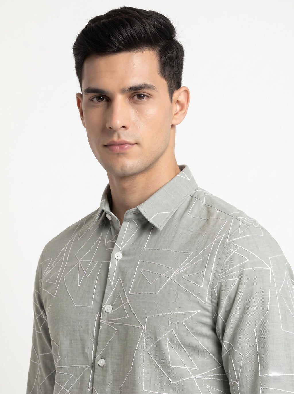 Men’s Korean Linen Geometric Embroidery Shirt