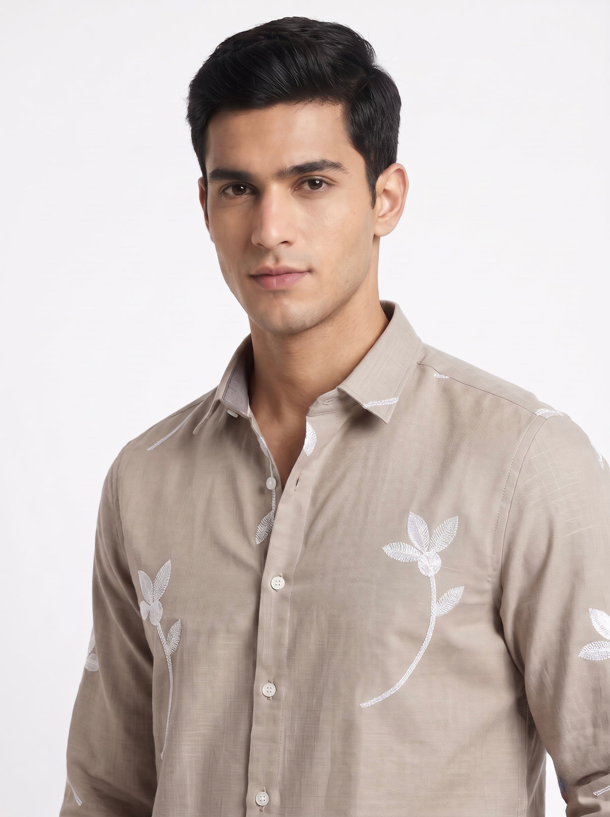 Men’s Korean Linen Floral Stem Embroidery Shirt