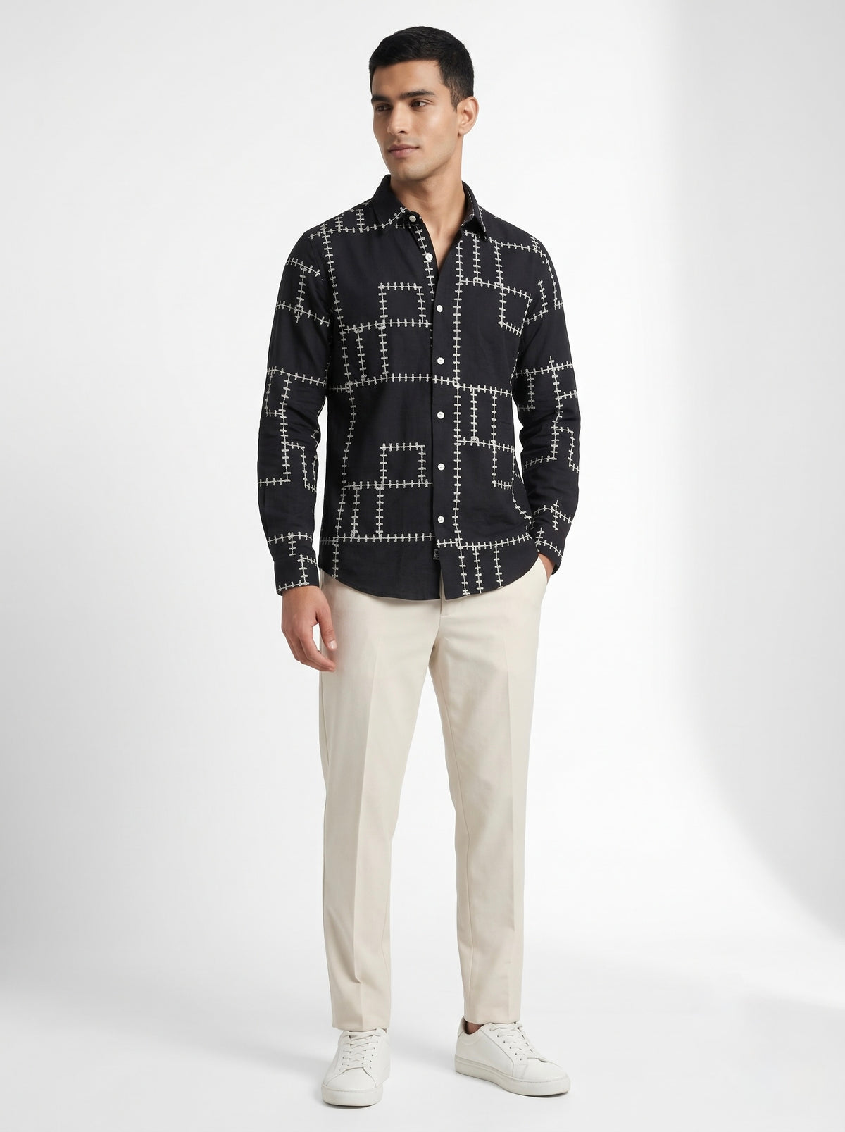 Men’s Korean Linen Grid Embroidery Shirt