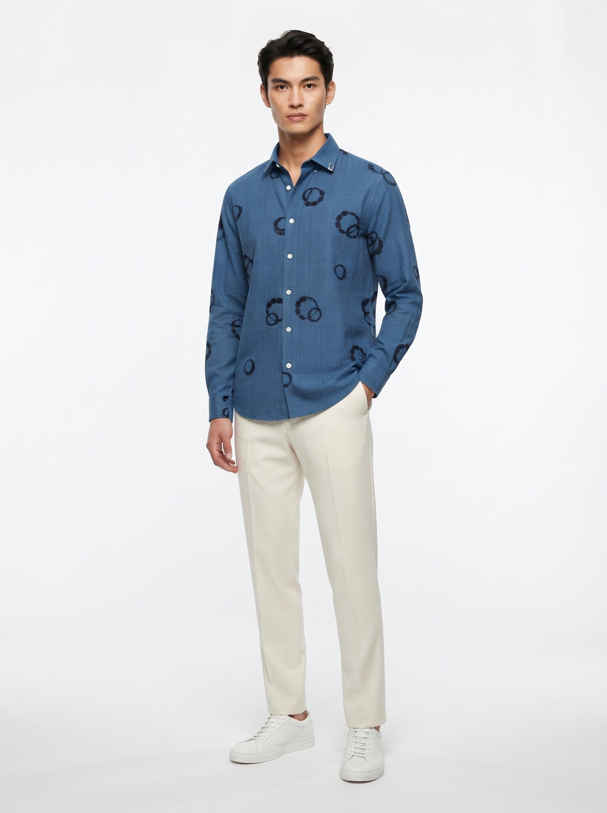 Men’s Korean Linen Circular Pattern Embroidery Shirt