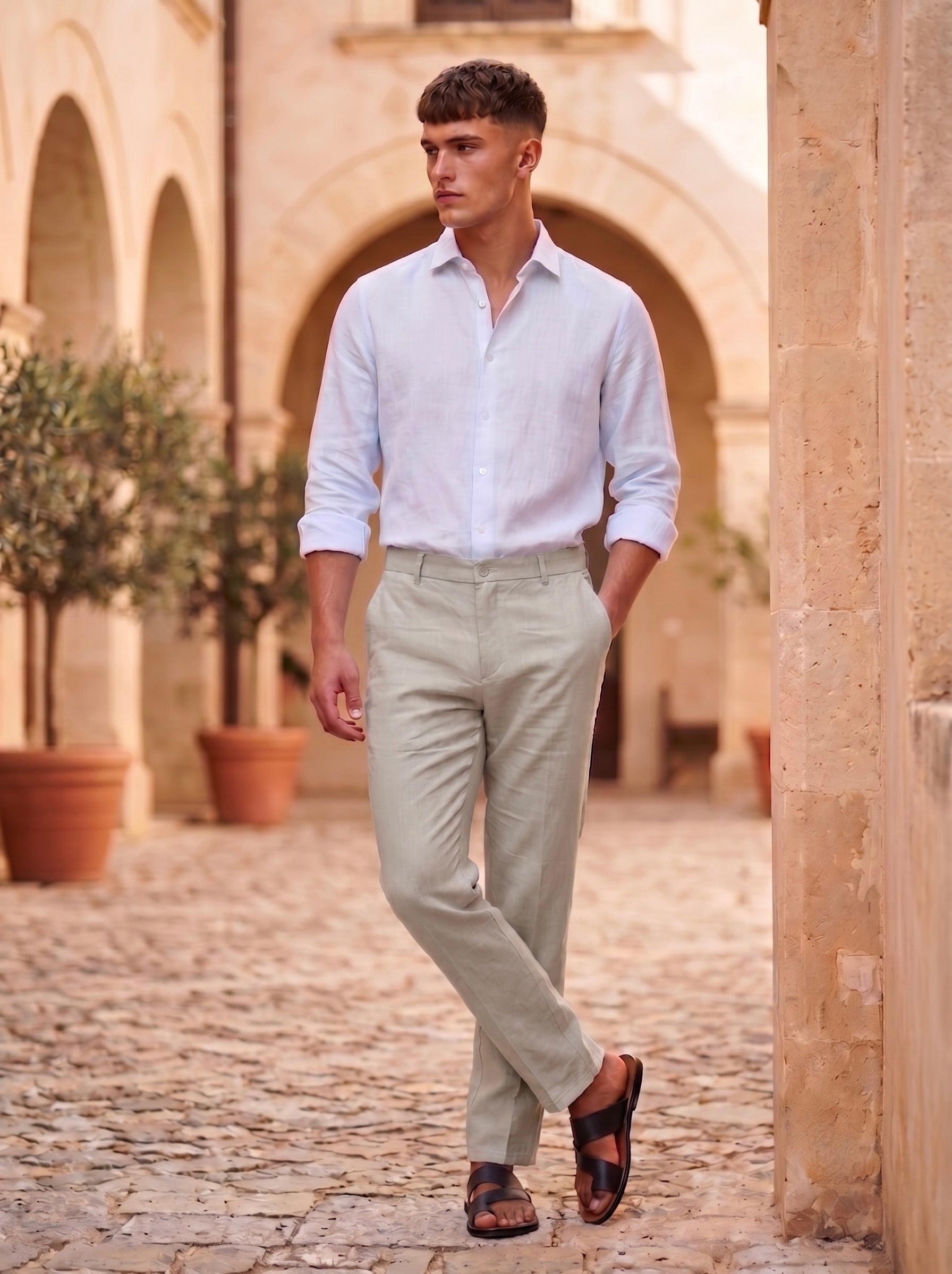 Light beige Snipes premium linen casual pants displayed on a hanger, showcasing their relaxed fit and lightweight fabric.
