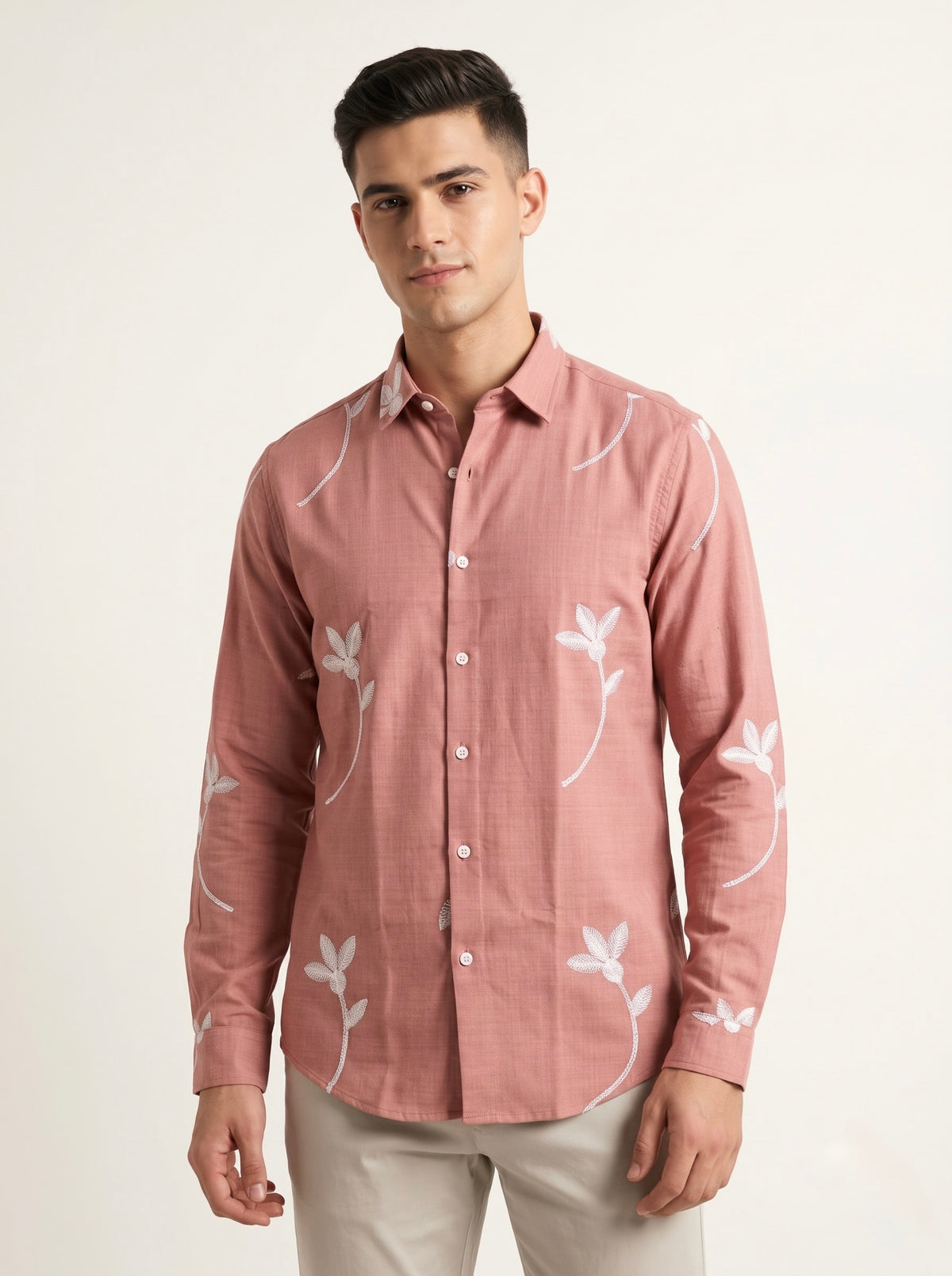 Men’s Korean Linen Floral Stem Embroidery Shirt
