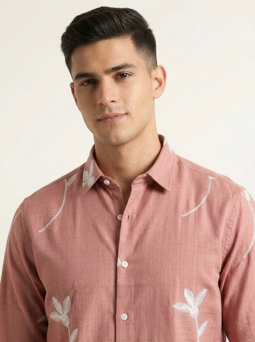 Men’s Korean Linen Floral Stem Embroidery Shirt