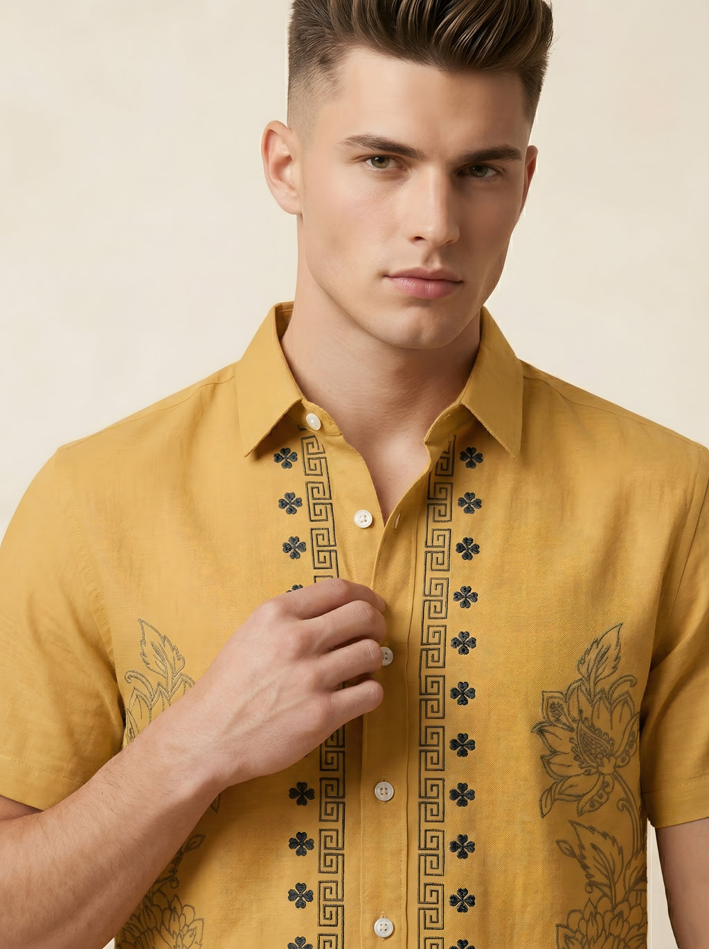 Snipes embroidery print shirt, short sleeve casual shirt with intricate embroidery design, shown in a close-up view.