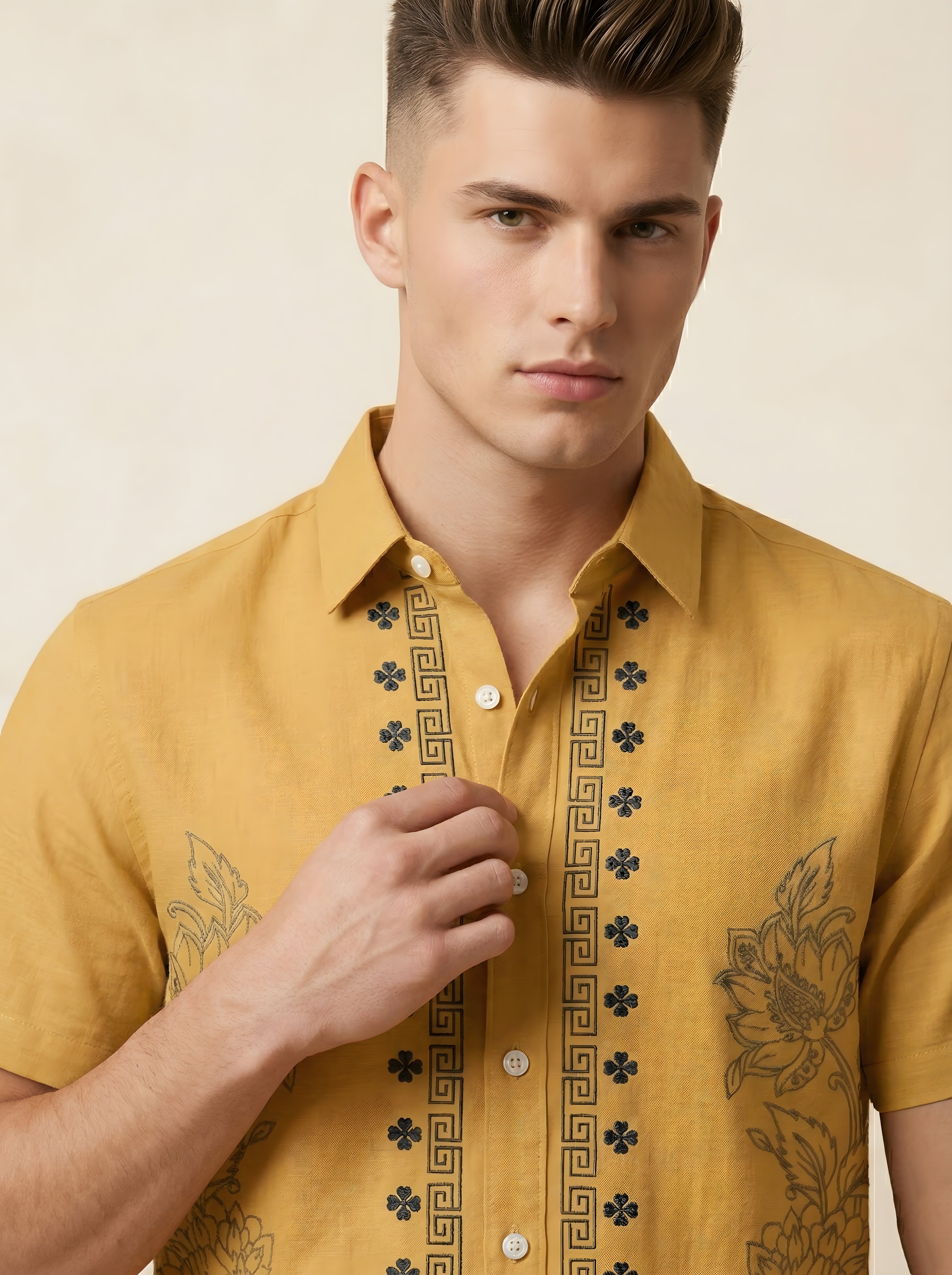 Snipes embroidery print shirt, short sleeve casual shirt with intricate embroidery design, shown in a close-up view.
