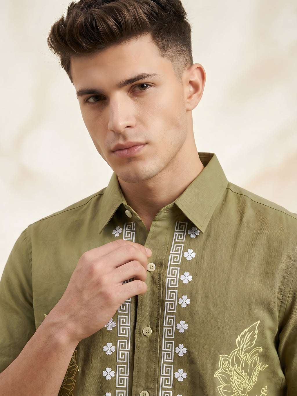 Snipes embroidery print shirt in beige with long sleeves, featuring detailed embroidered design on the front.