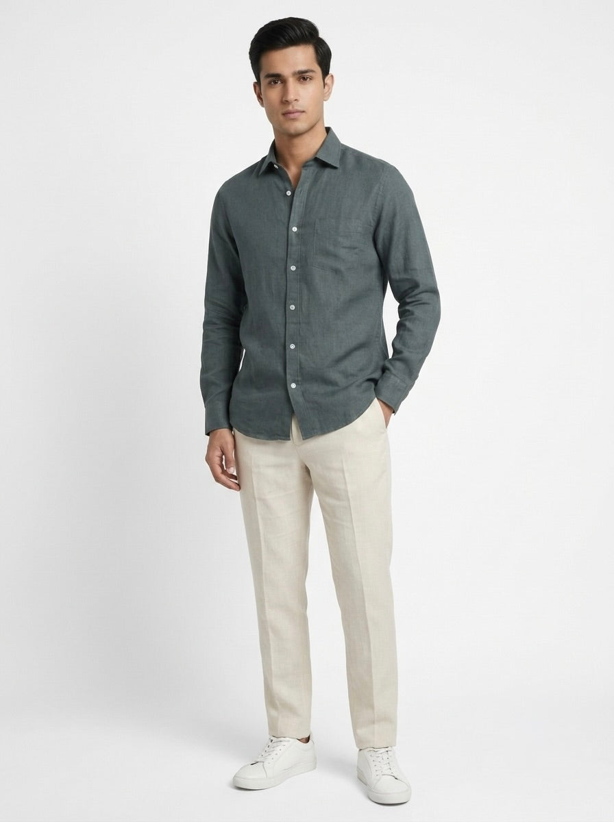 Men’s Snipes pure linen full sleeve casual shirt displayed in a relaxed fit with a button-down front and collar.