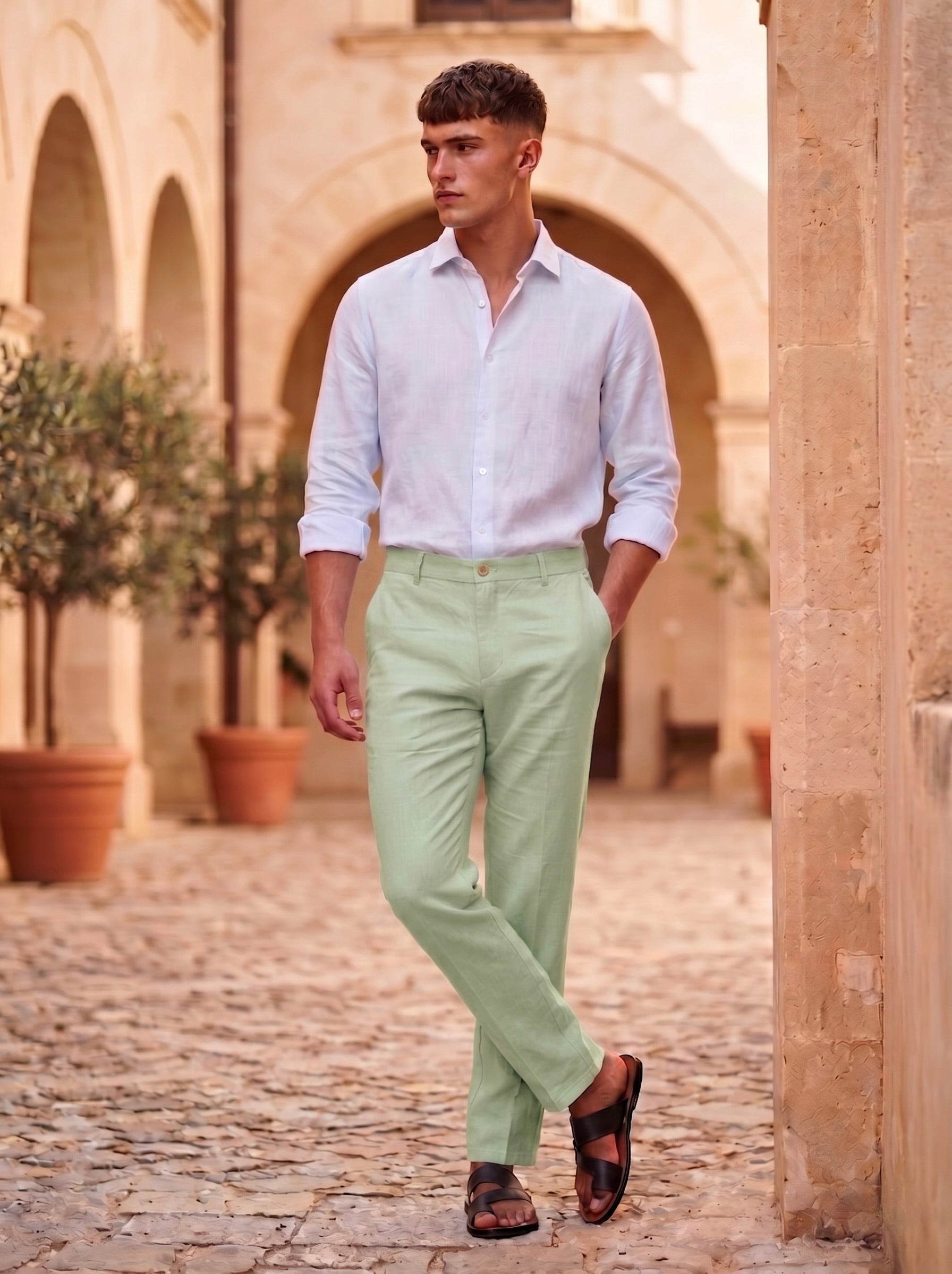 Snipes premium linen casual pants featuring a relaxed fit, light fabric, and neutral color, displayed on a model.