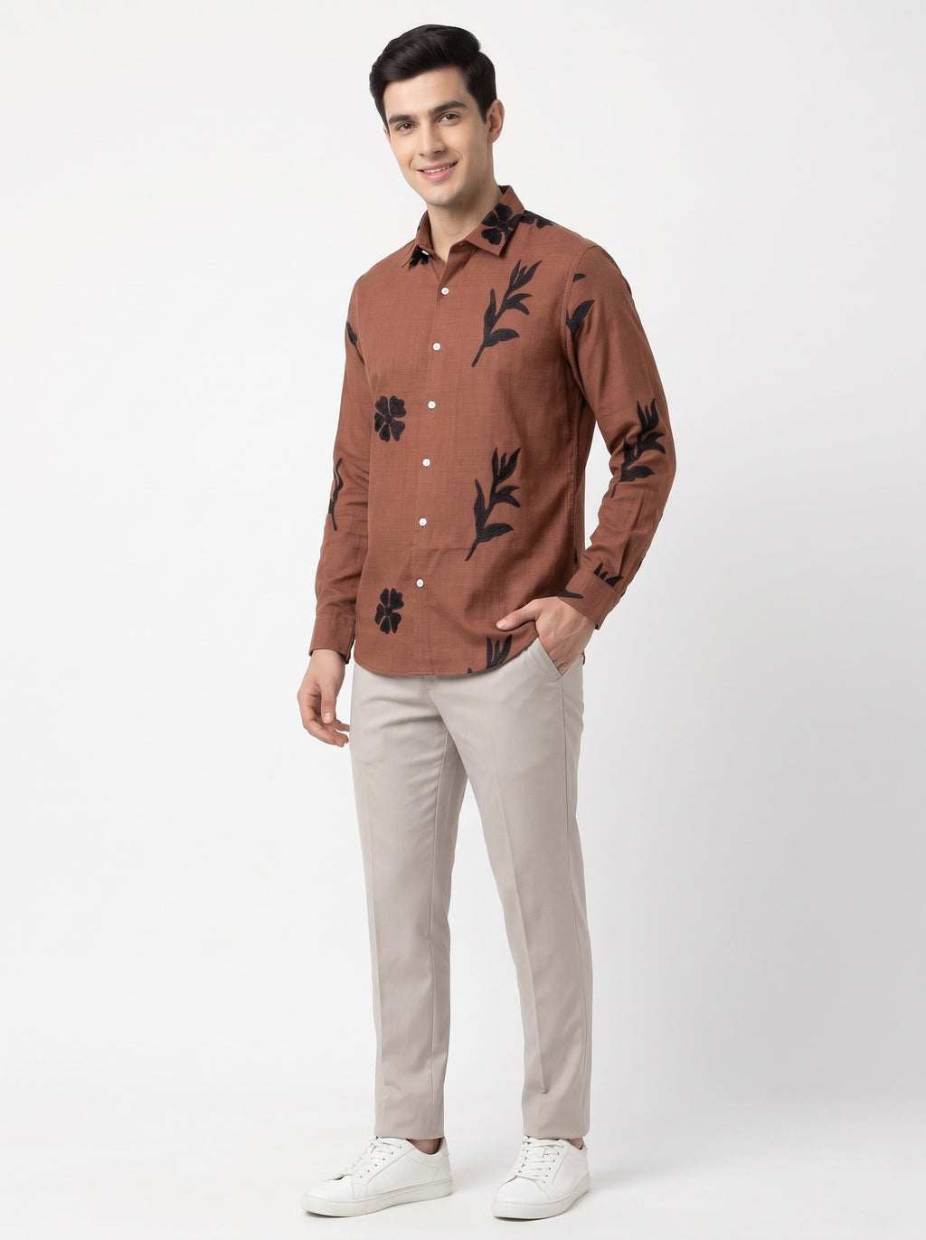 Men’s Korean Linen Floral & Leaf Embroidery Shirt