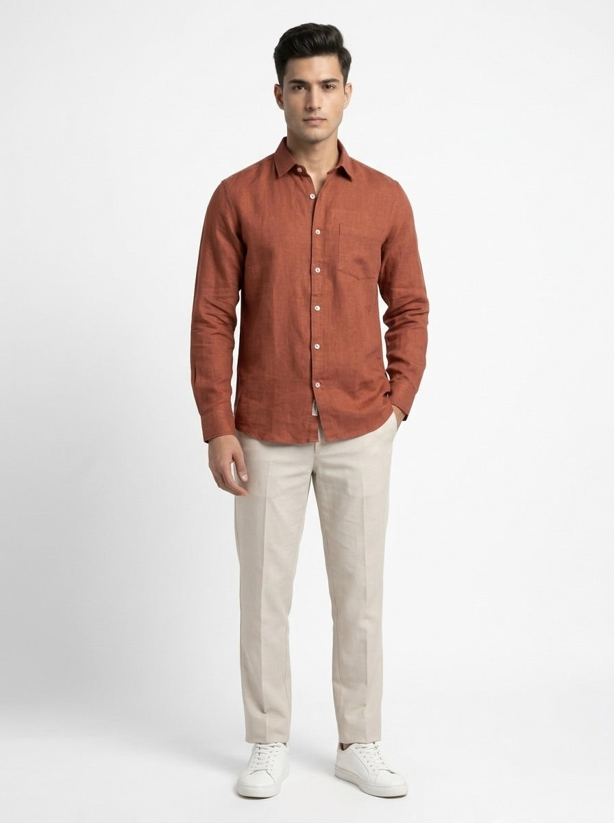 Men's pure linen full sleeve casual shirt by Snipes, shown in light fabric with a button-up front and collar.