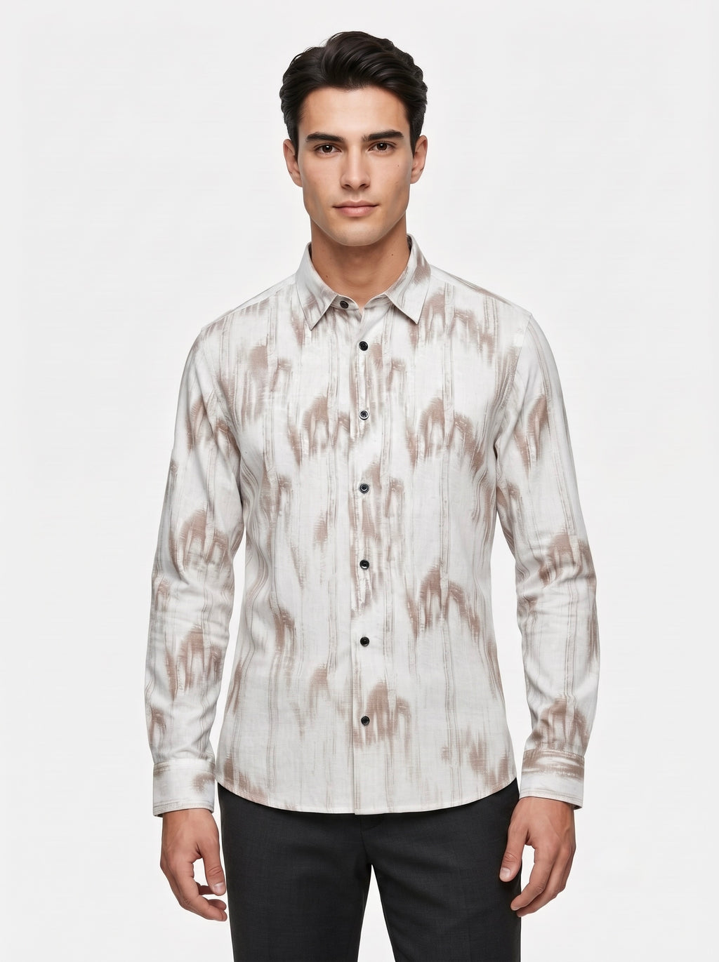 Men’s Snipes full sleeve shirt with abstract brushstroke print, showcasing vibrant artistic design on the fabric.