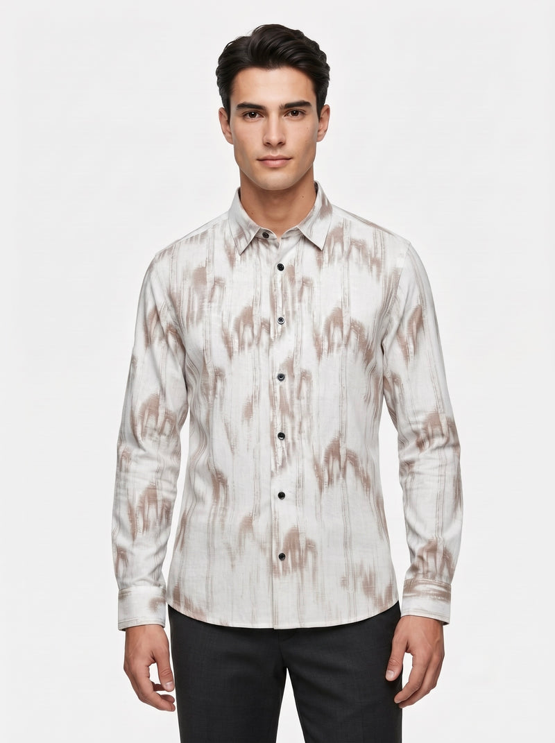 Men’s Snipes full sleeve shirt with abstract brushstroke print, showcasing vibrant artistic design on the fabric.