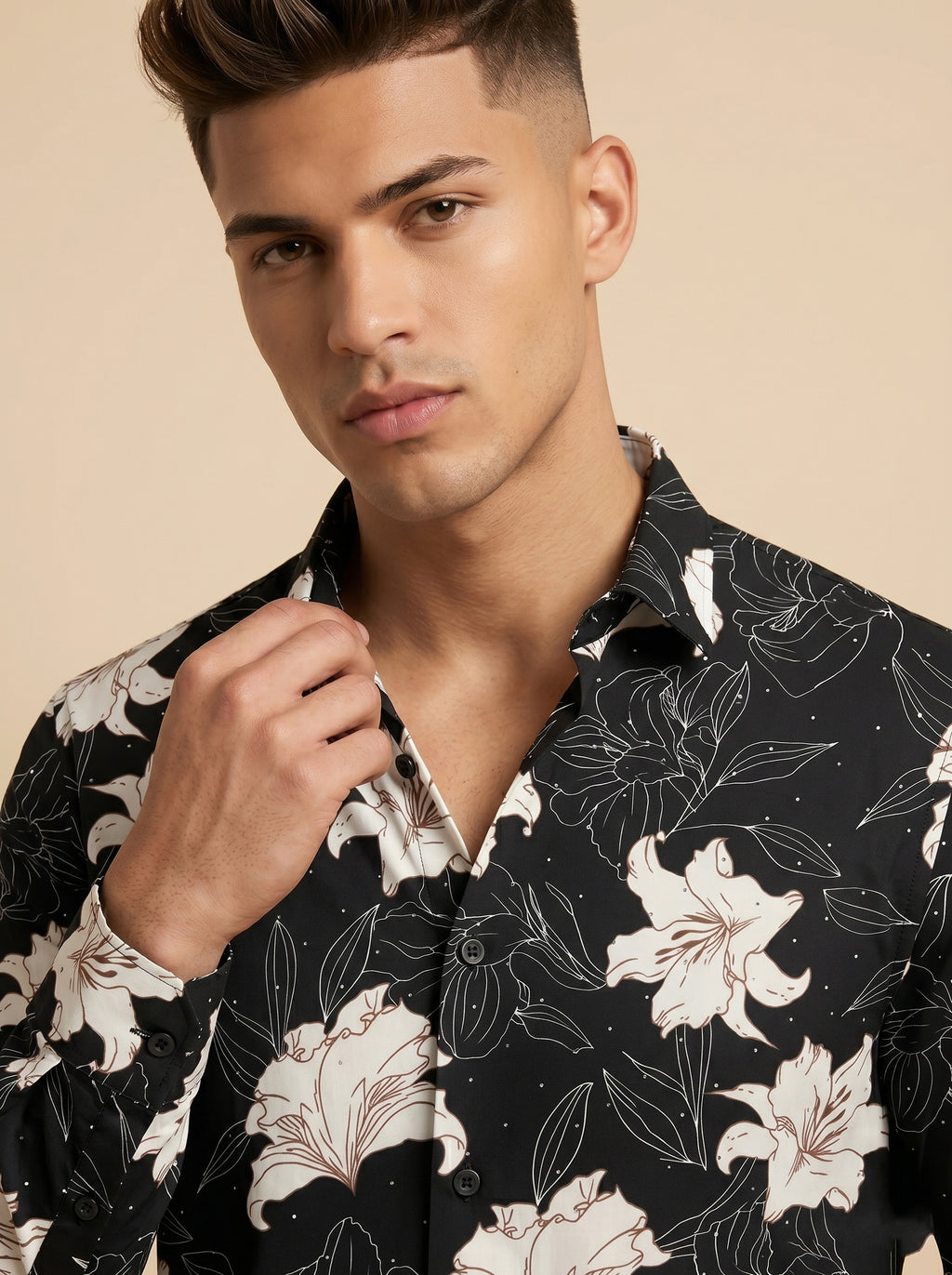Snipes stone printed shirt with stylish pattern, long sleeves, and classic collar, displayed on a hanger.