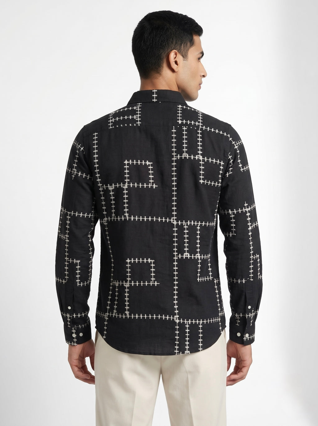 Men’s Korean Linen Grid Embroidery Shirt