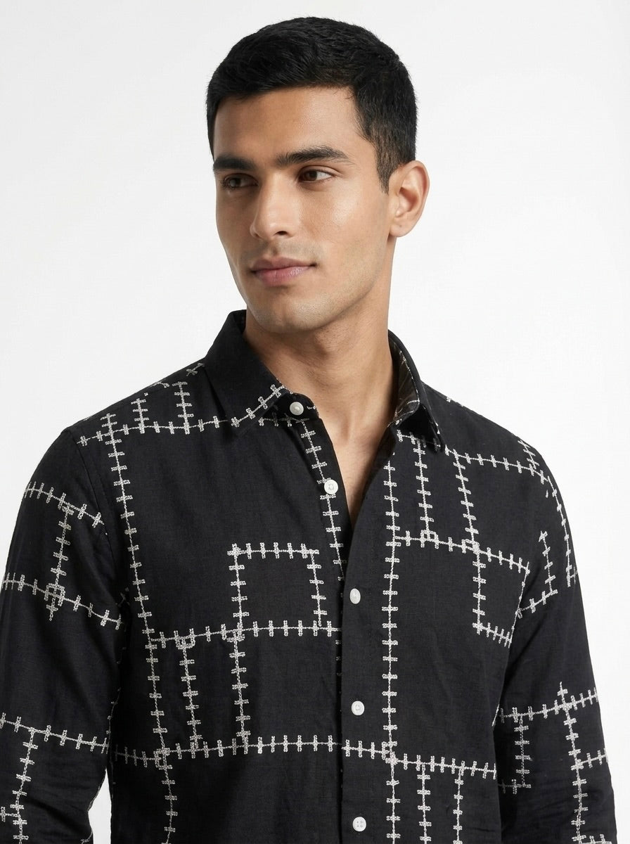 Men’s Korean Linen Grid Embroidery Shirt