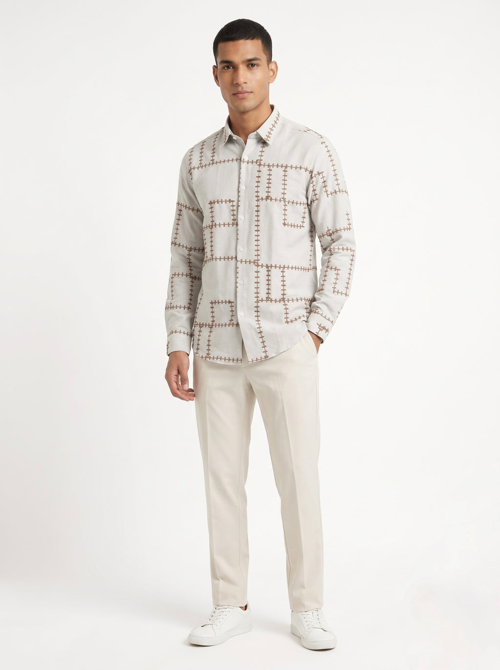 Men’s Korean Linen Grid Embroidery Shirt