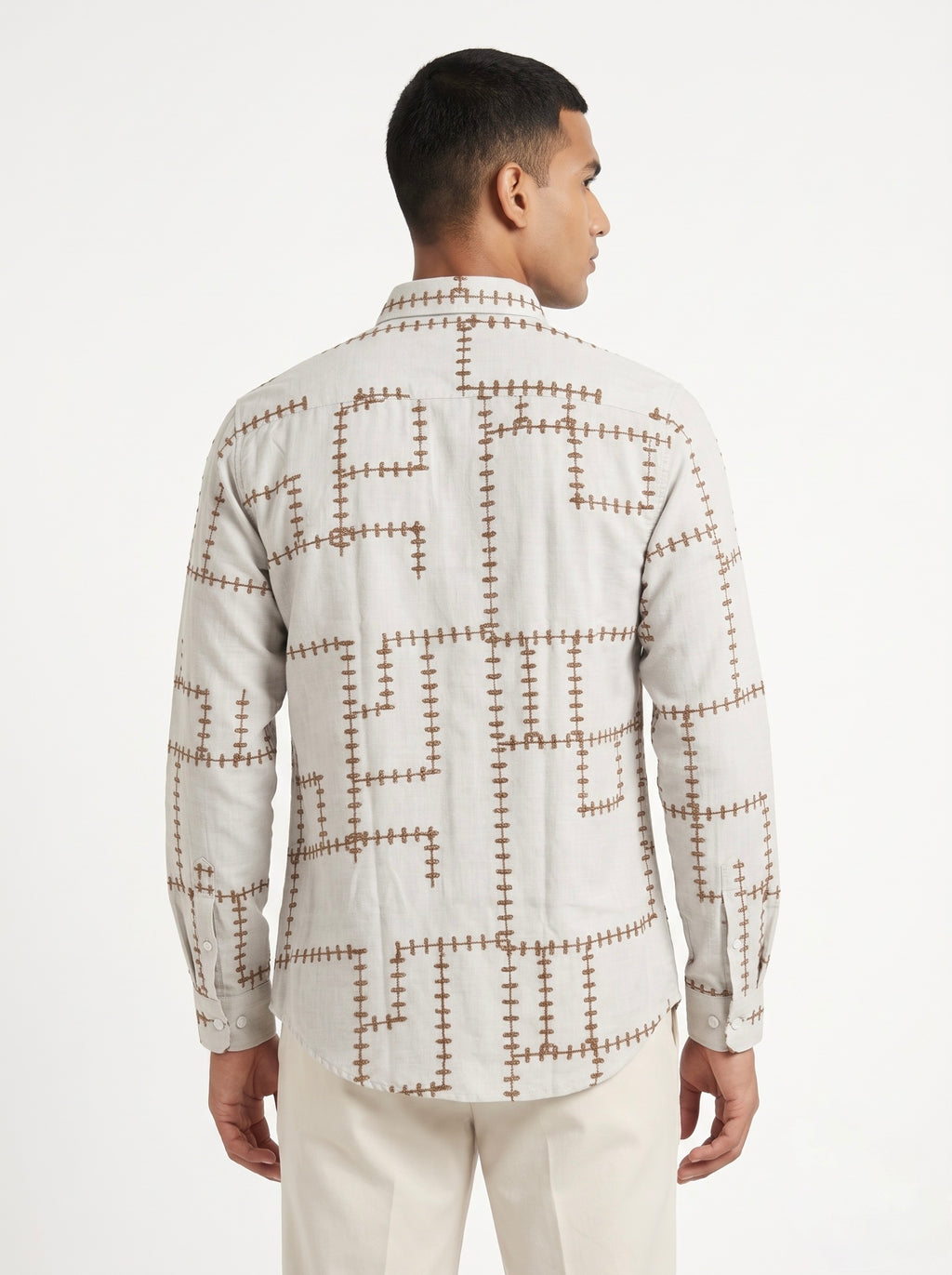 Men’s Korean Linen Grid Embroidery Shirt