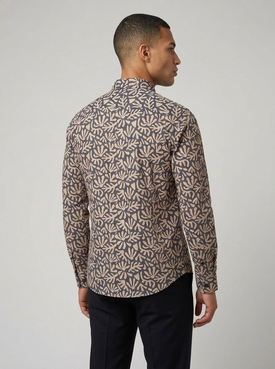 Men’s Charcoal Grey Satin Printed Botanical Shirt