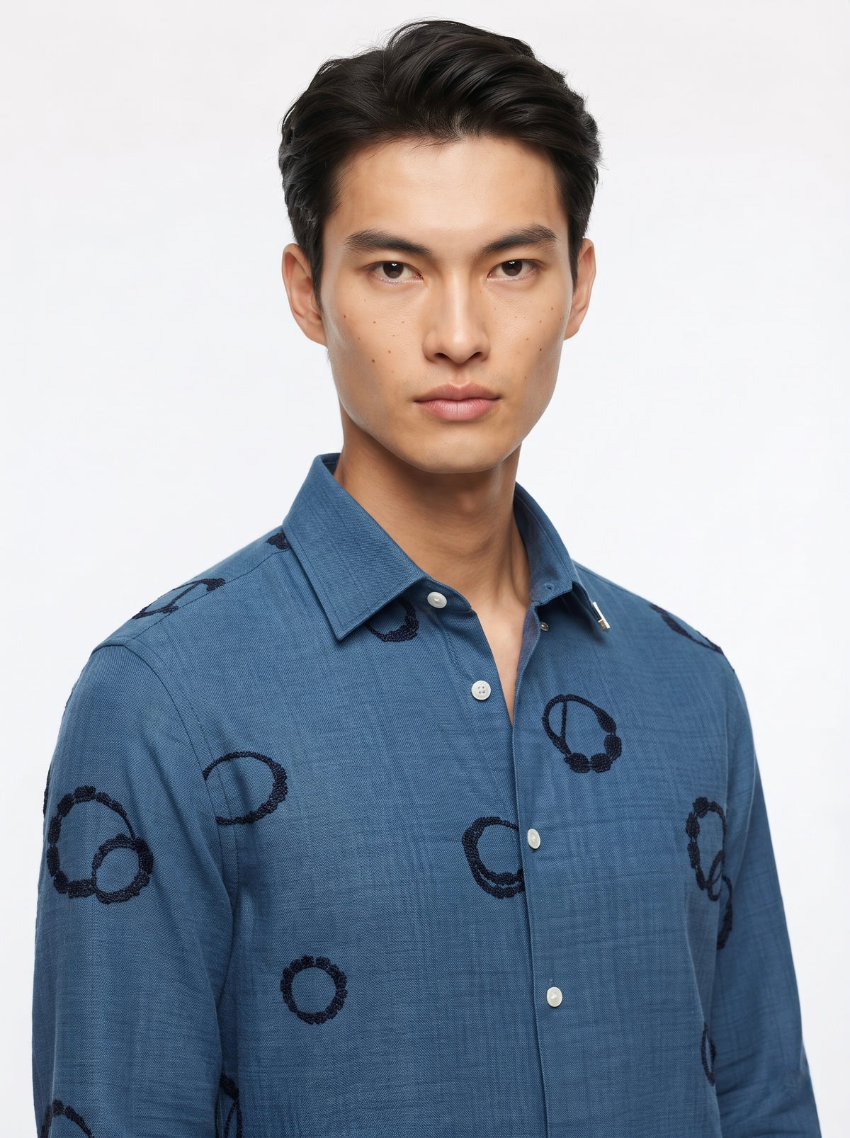 Men’s Korean Linen Circular Pattern Embroidery Shirt