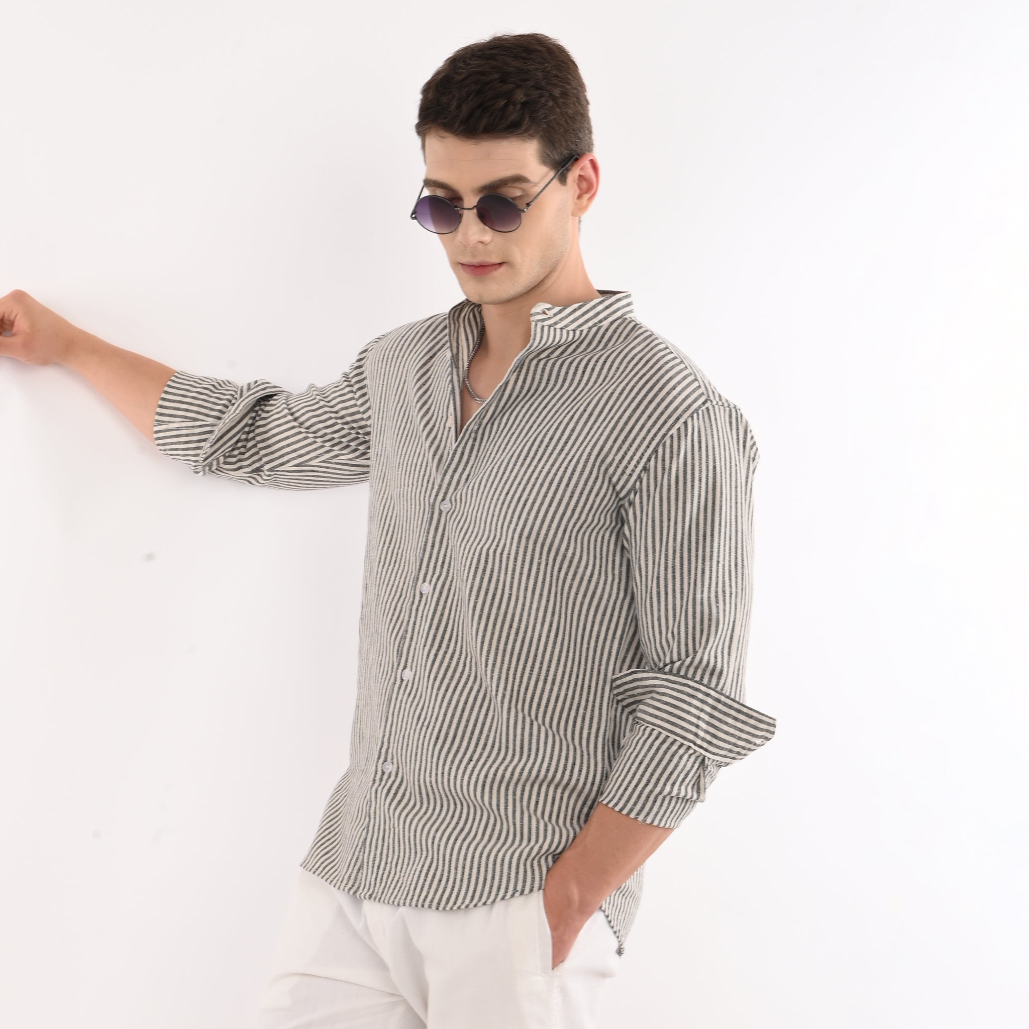 Striped Casual Shirt with Mandarin Collar - Snipes
