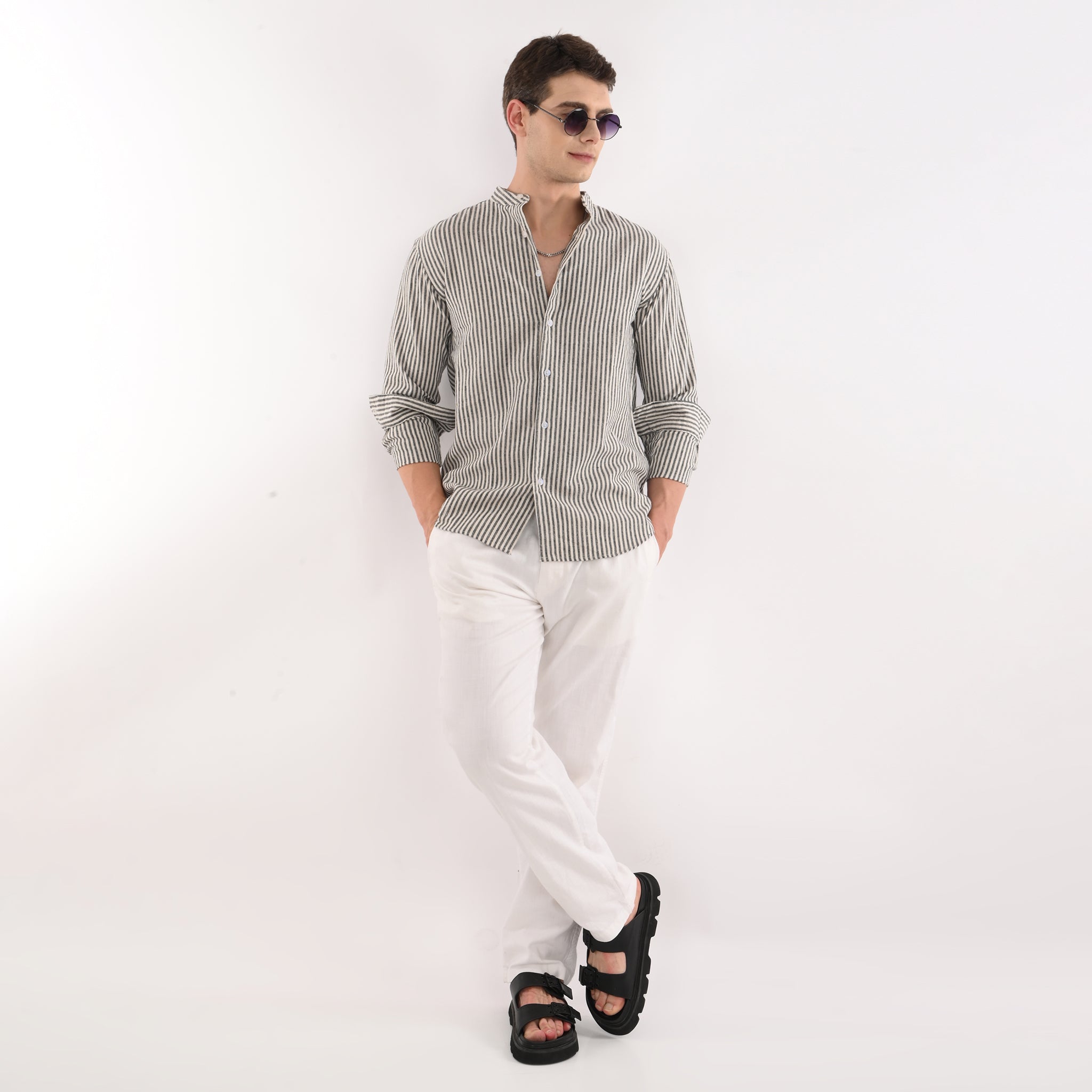 Striped Casual Shirt with Mandarin Collar - Snipes