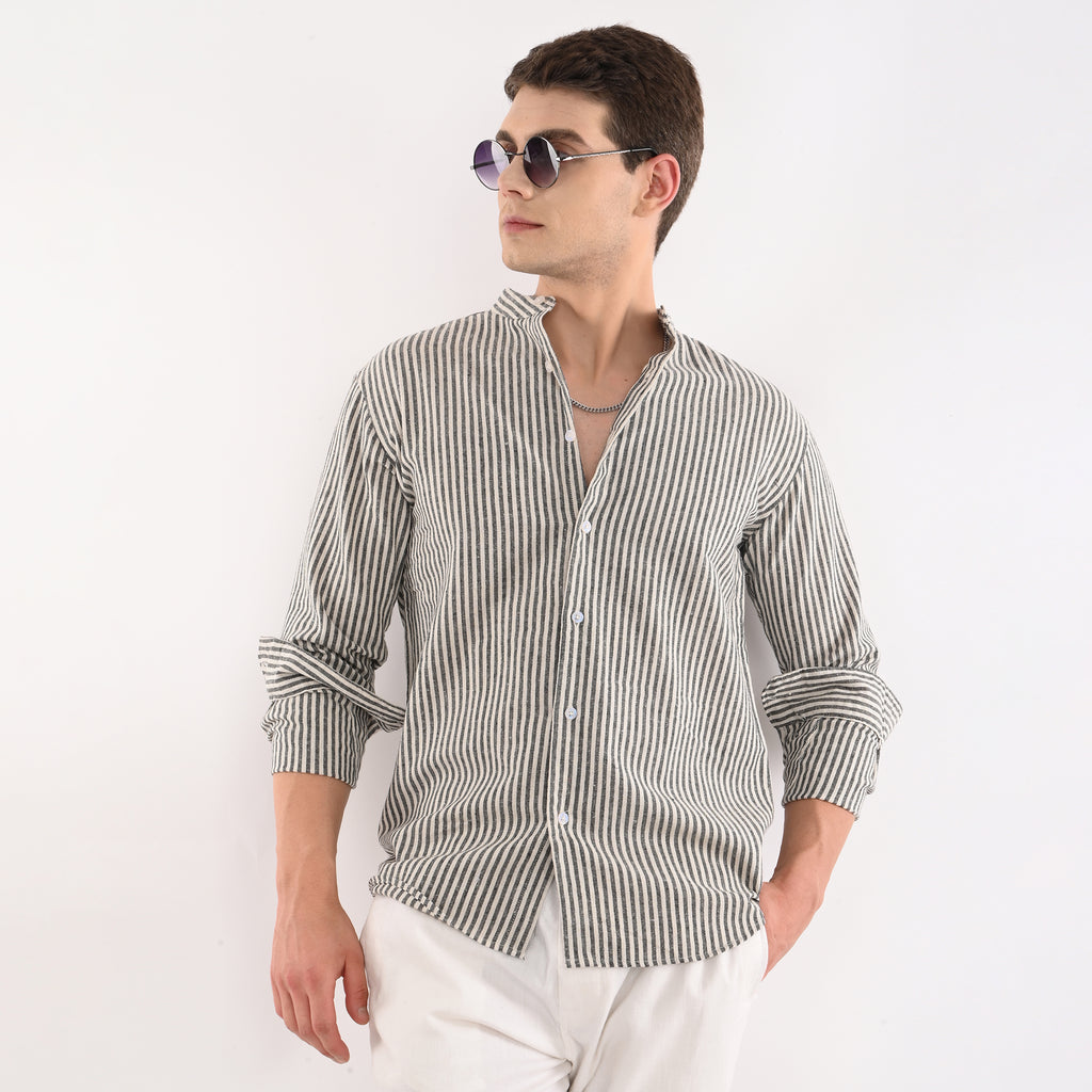 Striped Casual Shirt with Mandarin Collar - Snipes