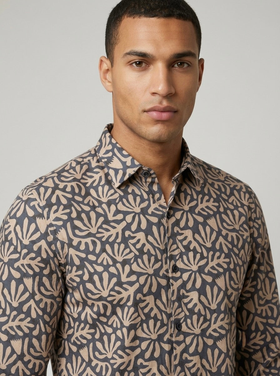 Men’s Charcoal Grey Satin Printed Botanical Shirt