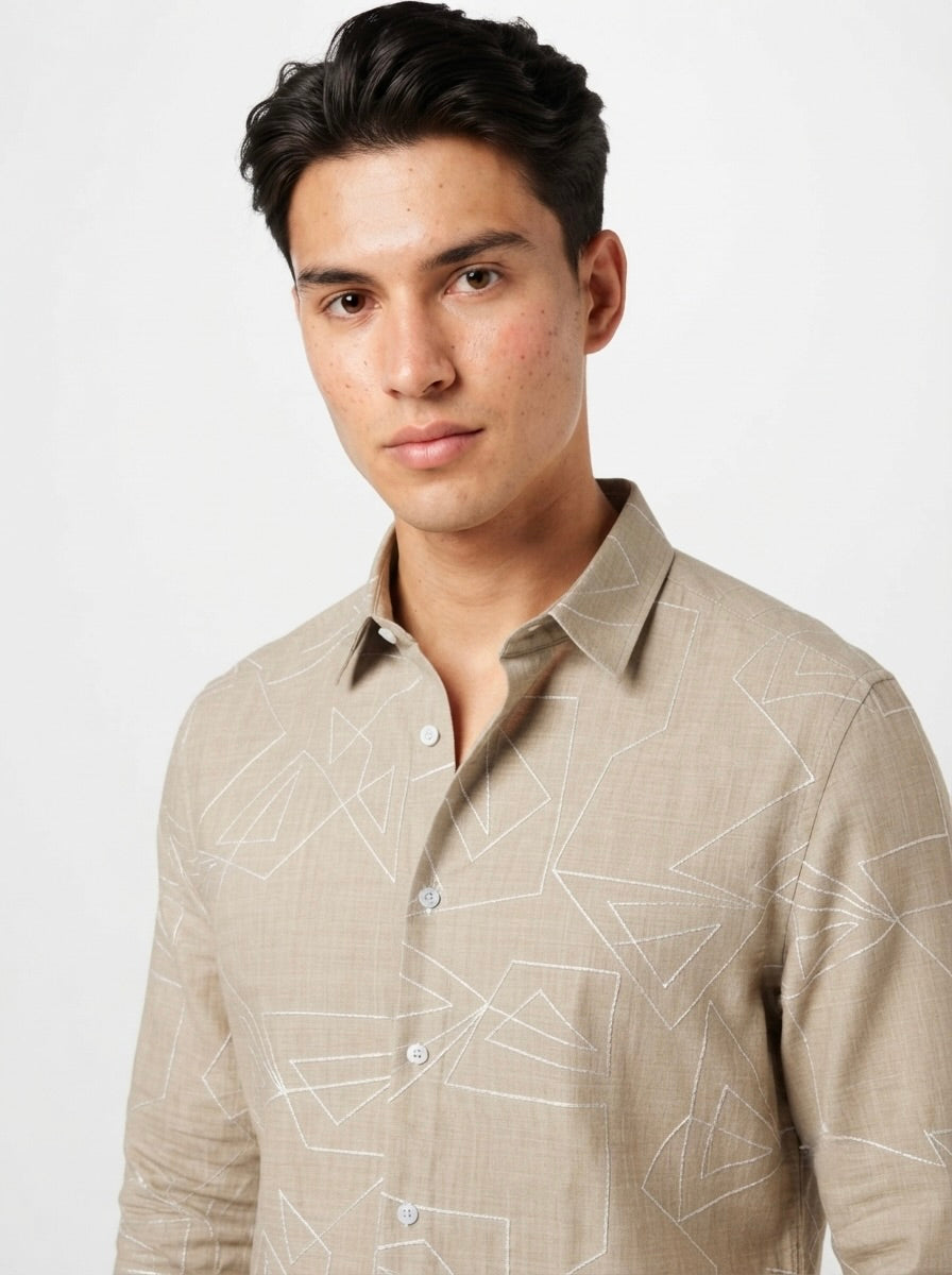 Men’s Korean Linen Geometric Embroidery Shirt