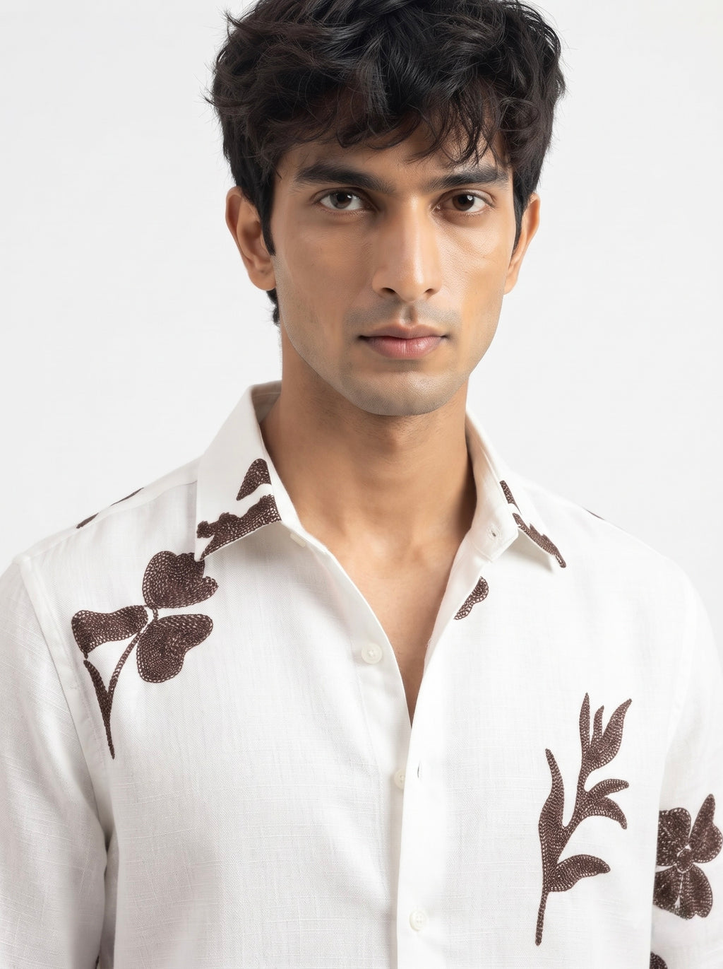 Men’s Korean Linen Floral & Leaf Embroidery Shirt