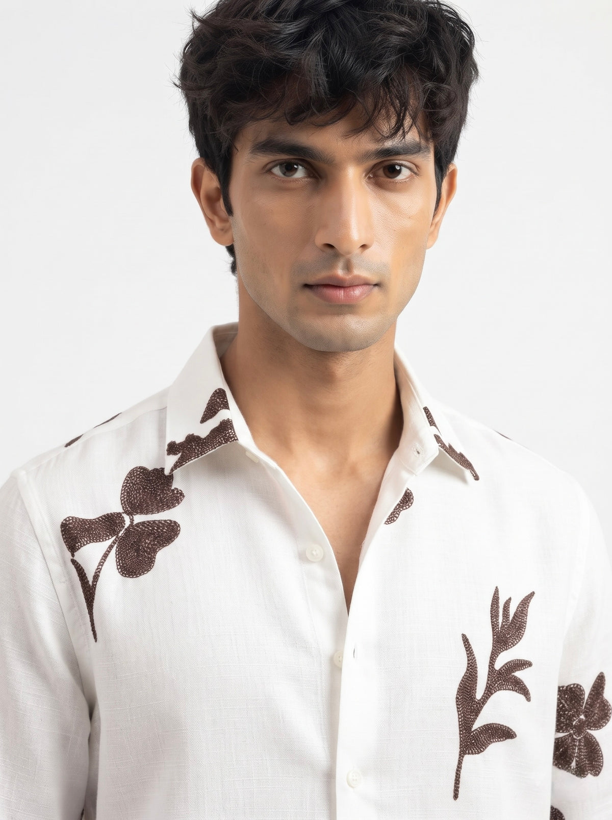 Men’s Korean Linen Floral & Leaf Embroidery Shirt